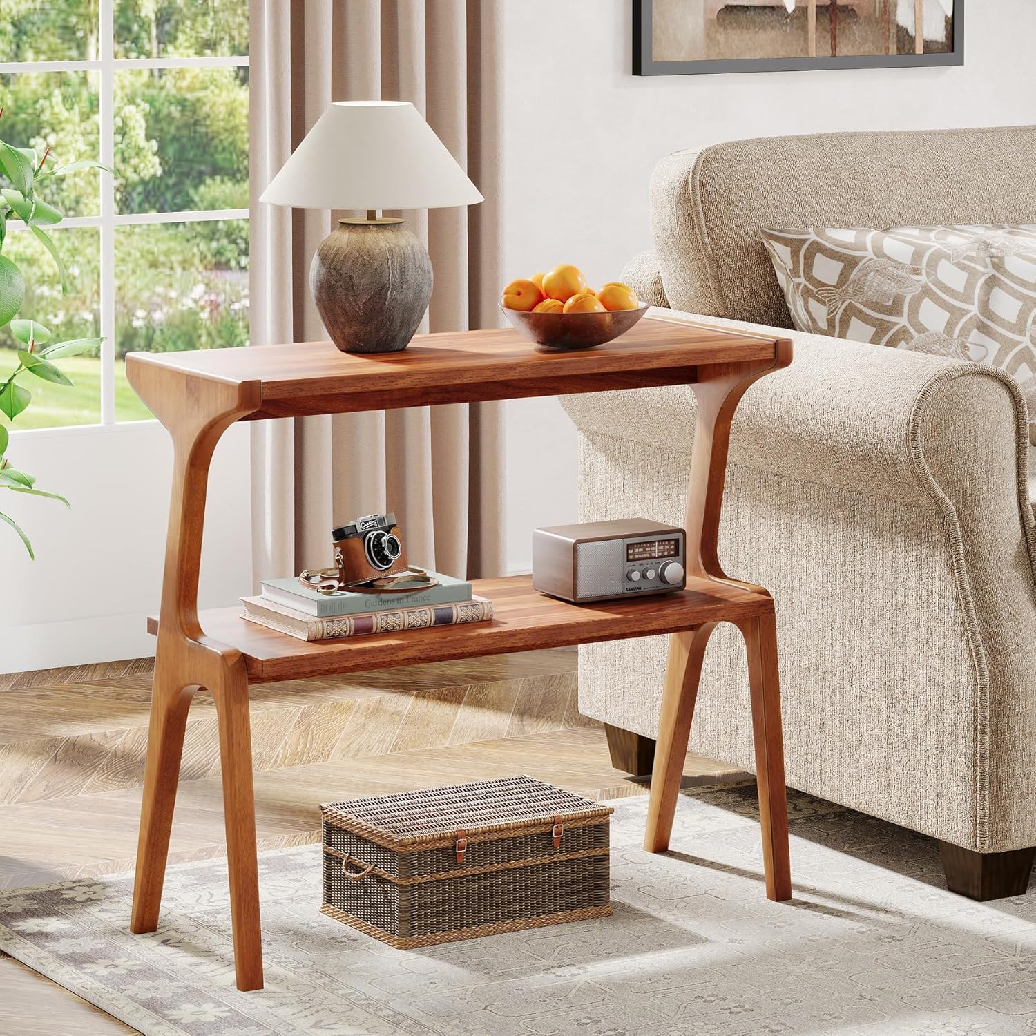 Narrow End Table With 2 Tier Shelf - Cherry