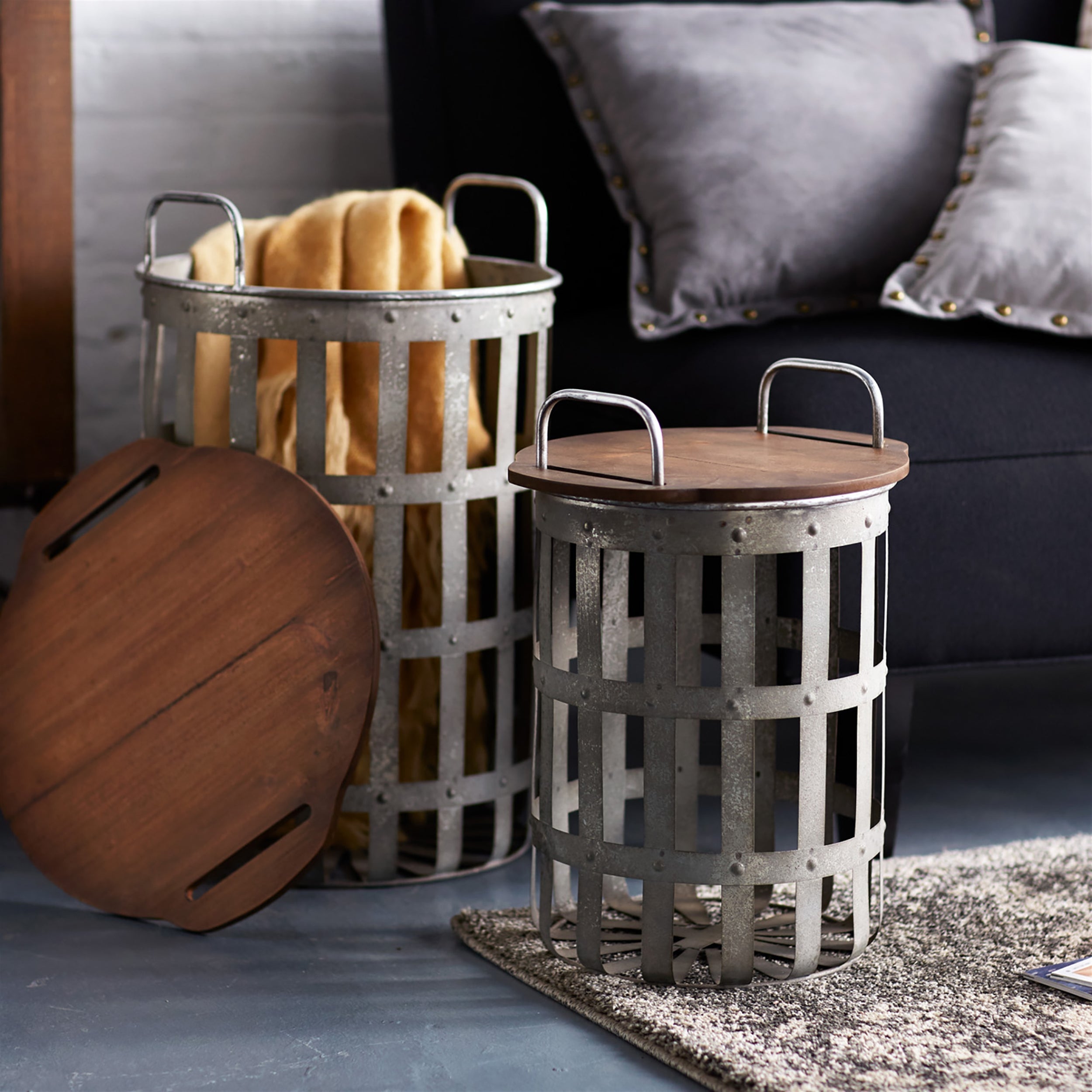 Metal and Wood Side Basket Tables (Set of 2)