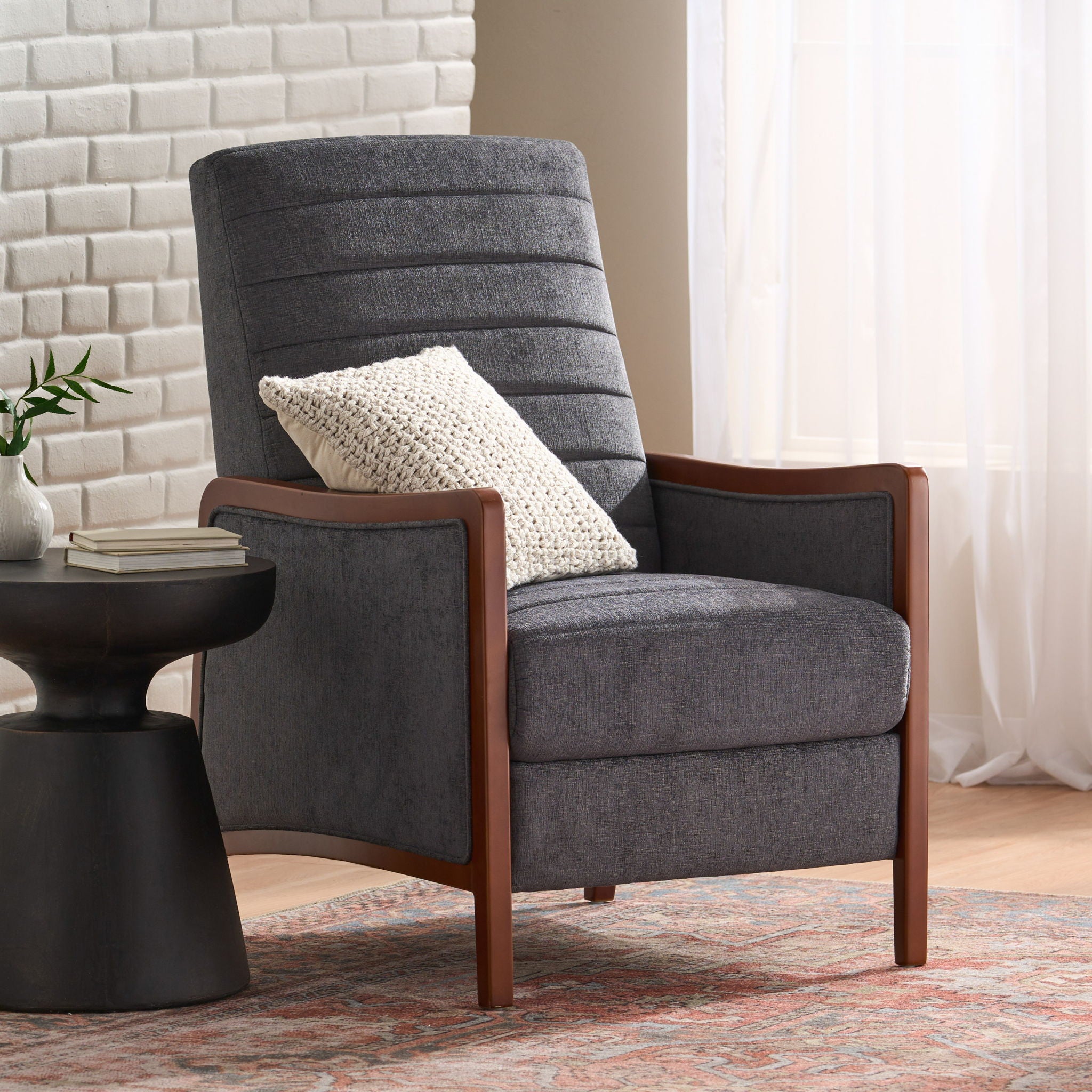Mendota - Mid Century Modern Fabric Channel Stitch Wood Pushback Recliner - Gray