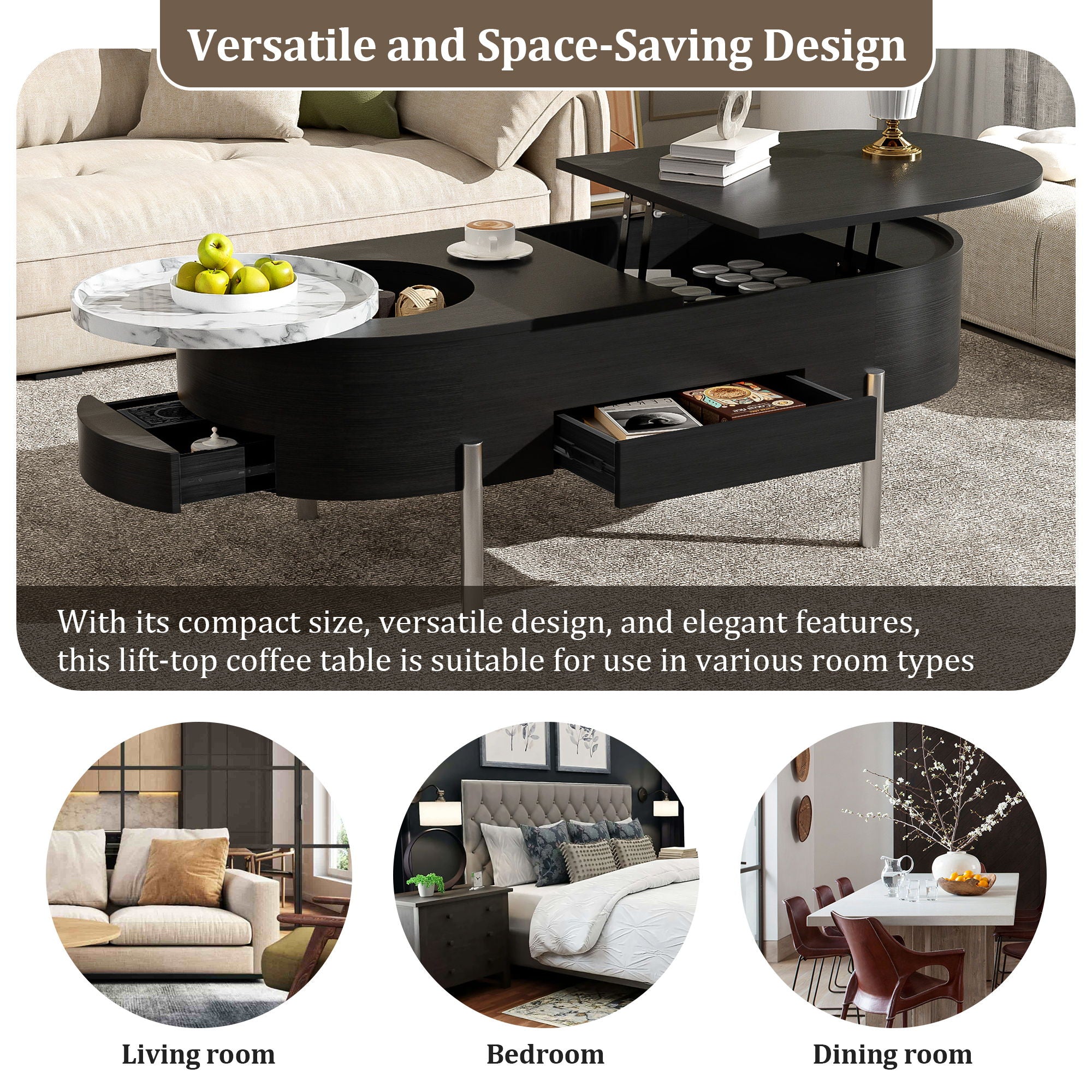Lift Top Coffee Table With 360 Degree Marble Patterned Rotating Tray