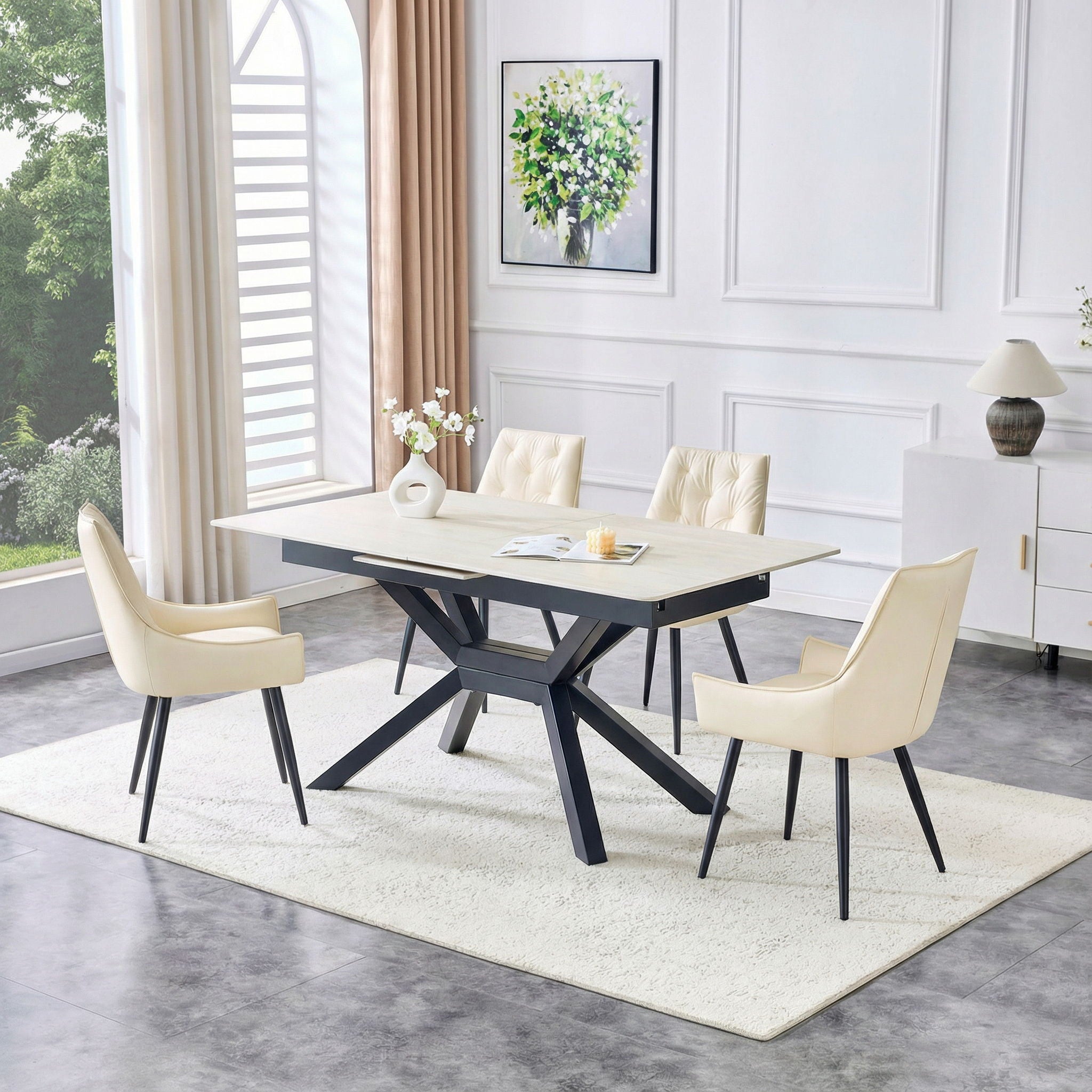 Rectangular Dining Table With Geometric Legs For Dining Room - Light Gray