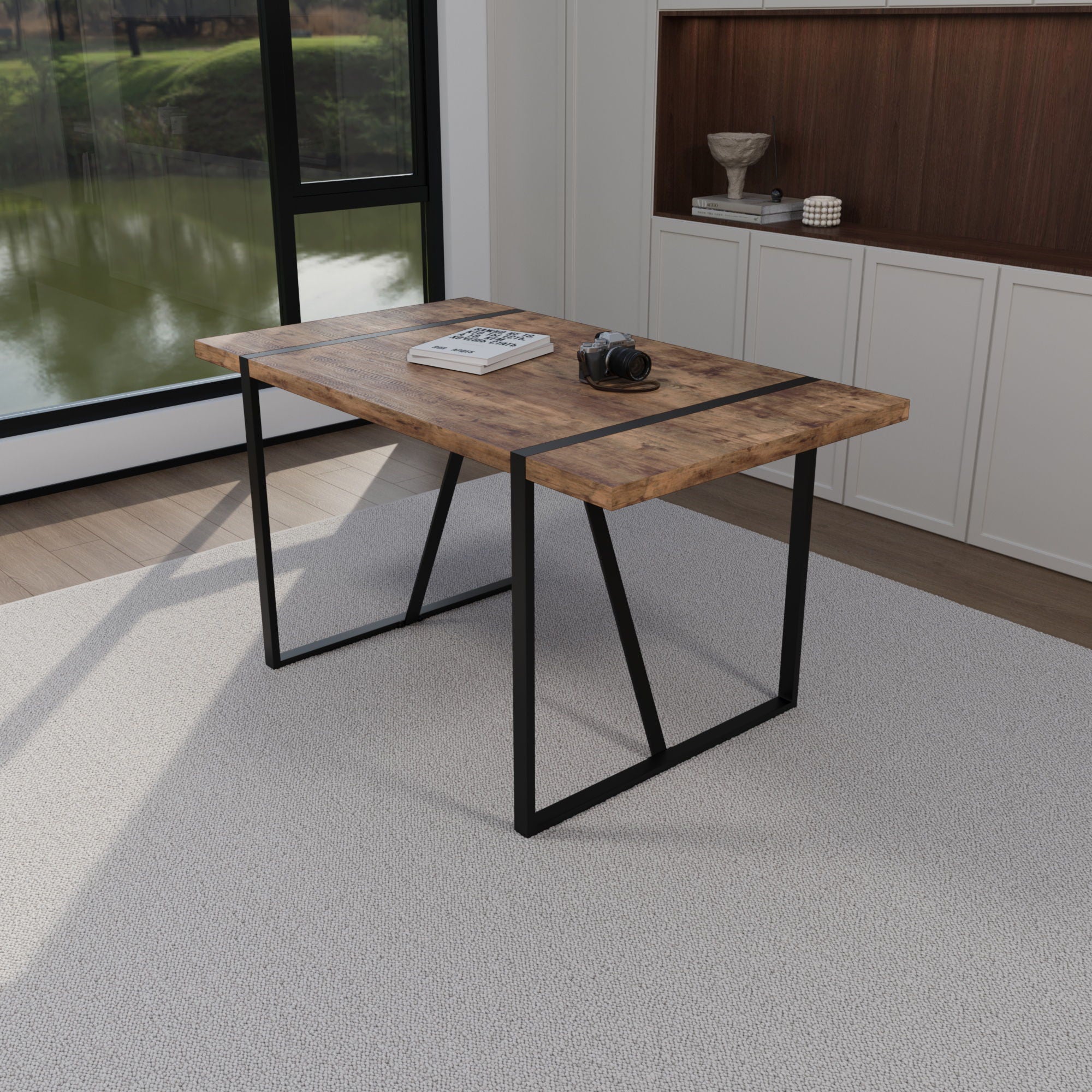 Modern Rural Industrial Dining Table, 55" Rectangular Wood With Metal Legs, Seats 4 - 6 - Wood