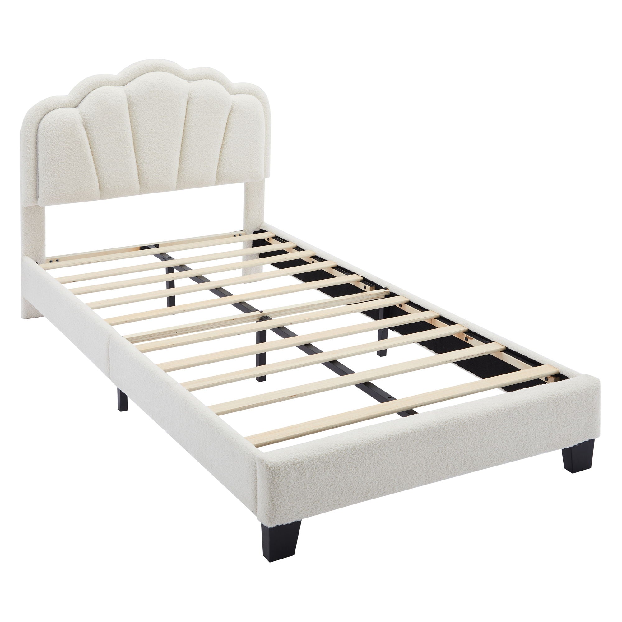 Upholstered Elegant Flowers Headboard With LED Light Strip, Platform Bed With Slats Support