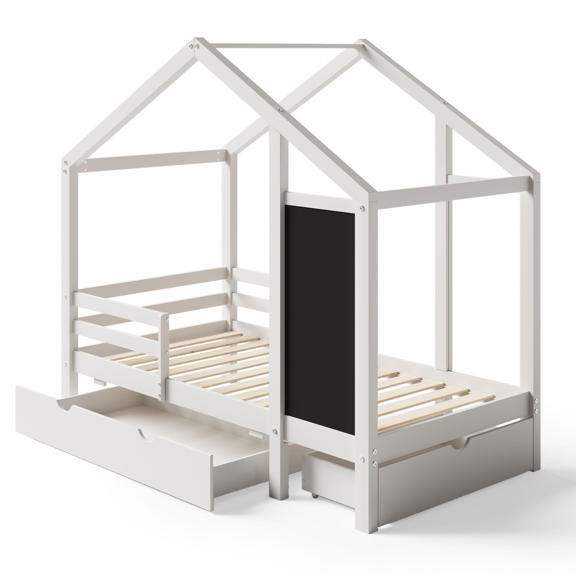 Twin House Bed With Blackboard And Drawers, 2 Assembly Options - White