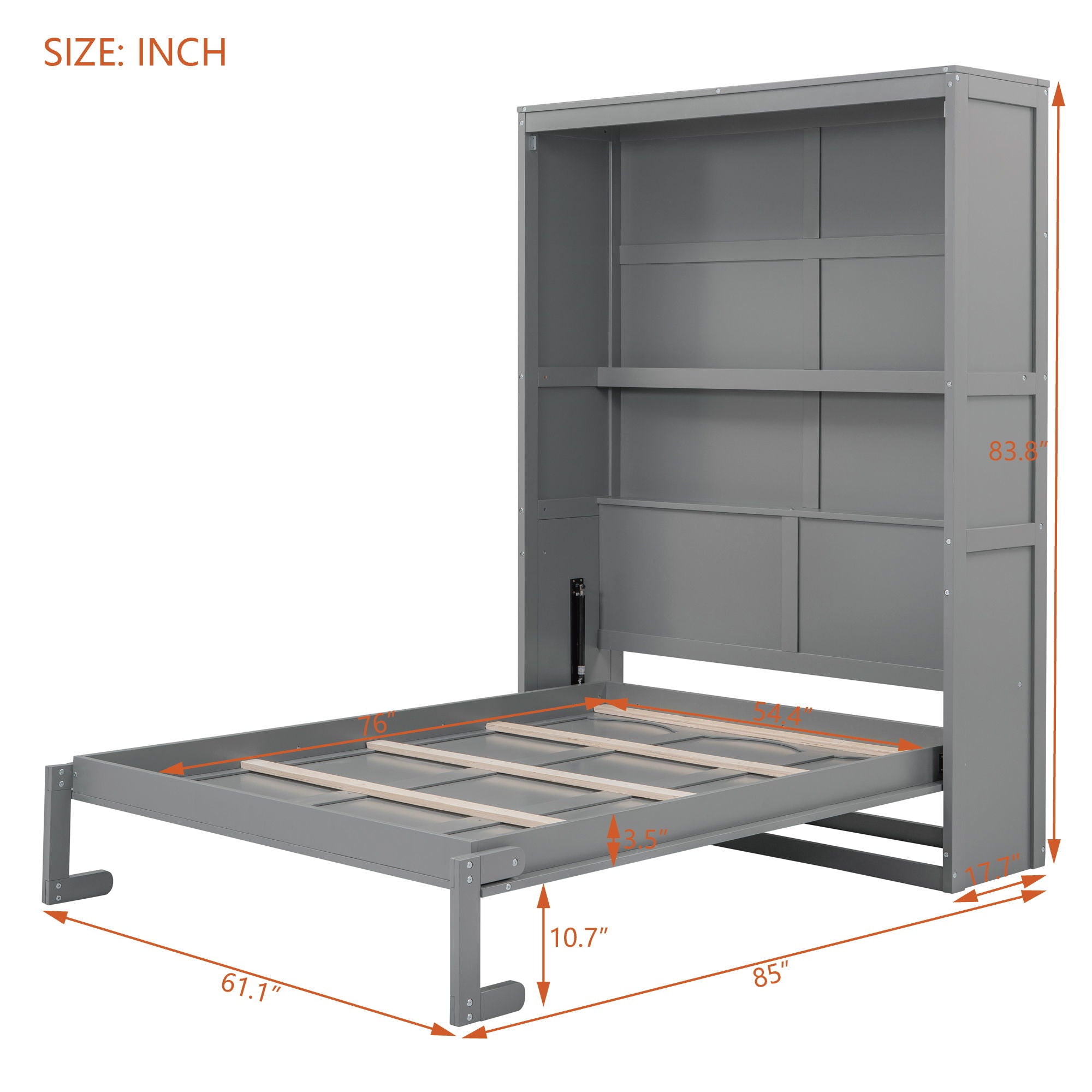 Full Size Murphy Wall Comfort Bed With Shelves - Gray