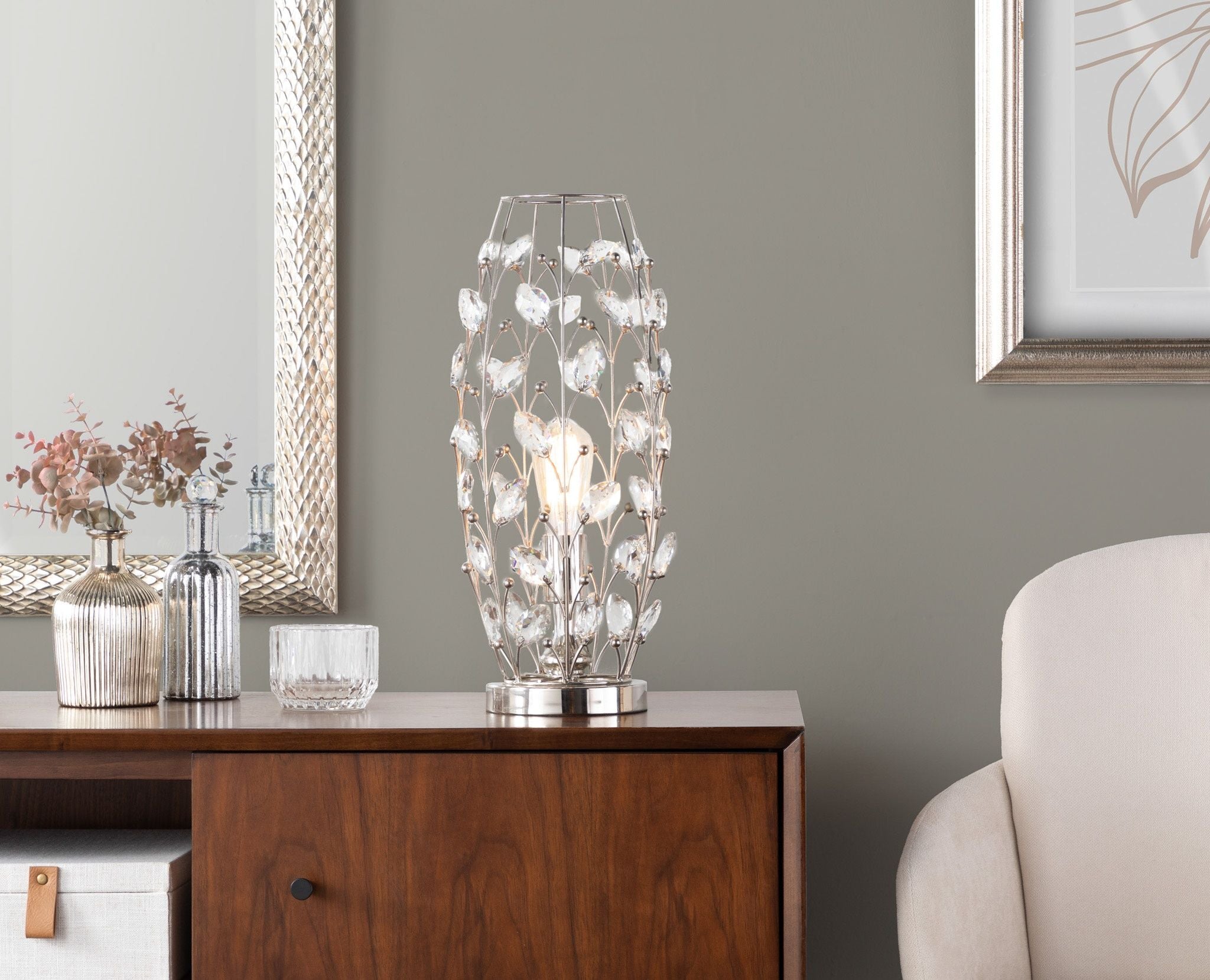 Crystal - Buds Contemporary Uplight Lamp - Polished Nickel / Clear Crystal - Best Buy Furniture