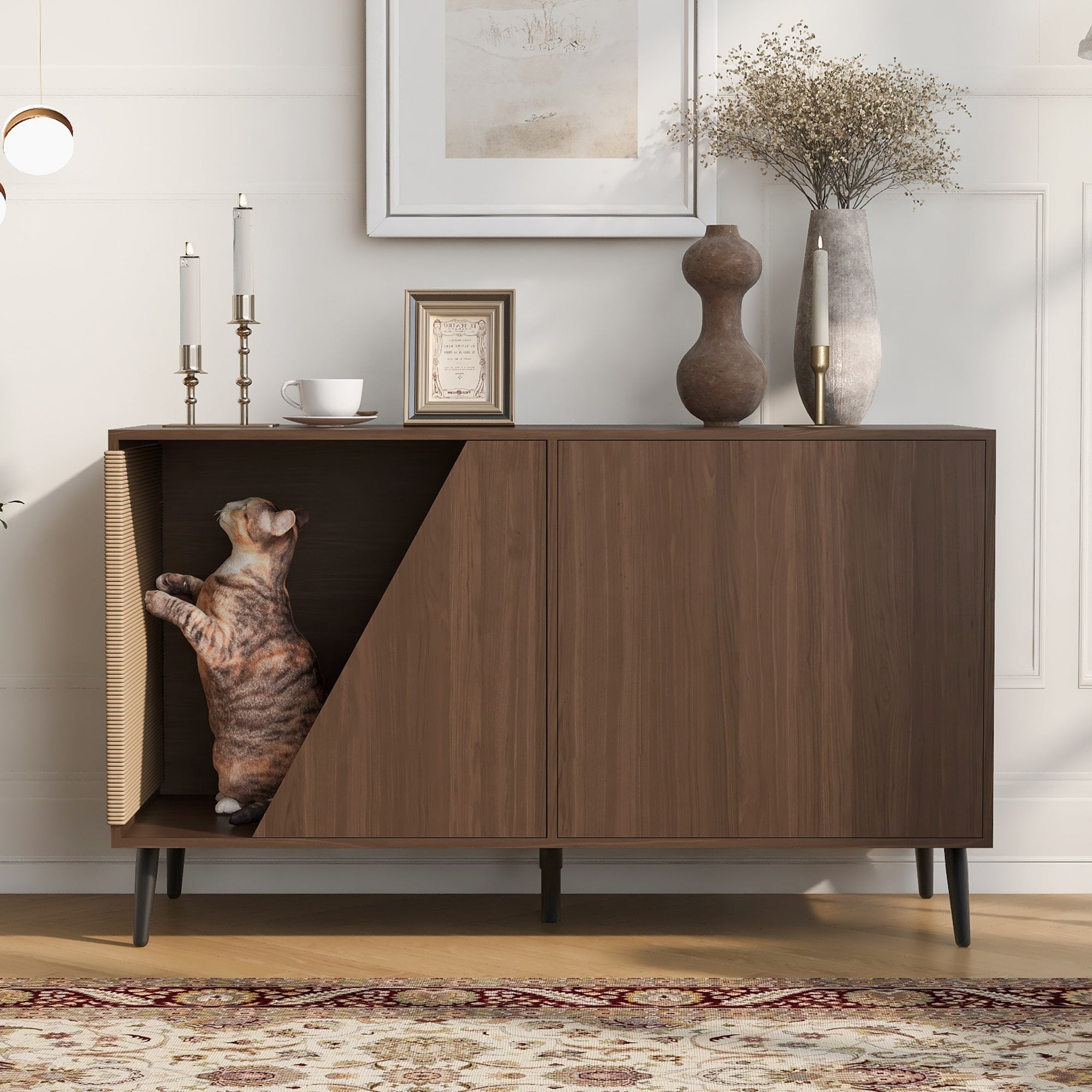 Cat Furniture 2 IN 1 Modern Walnut Cabinet Side Table With Spring-Loaded Door