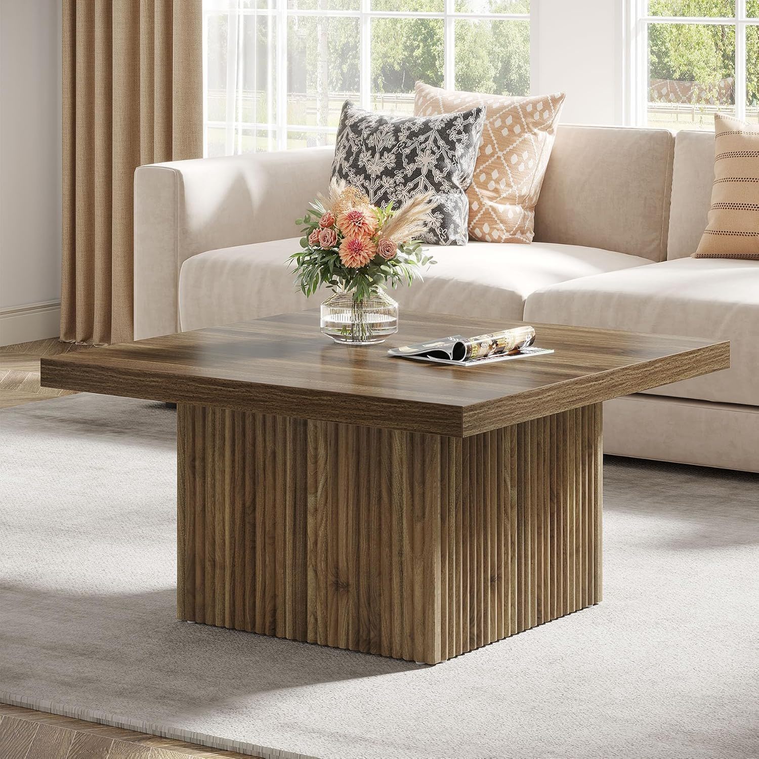 Square Coffee Table With Half Round Base - Brown