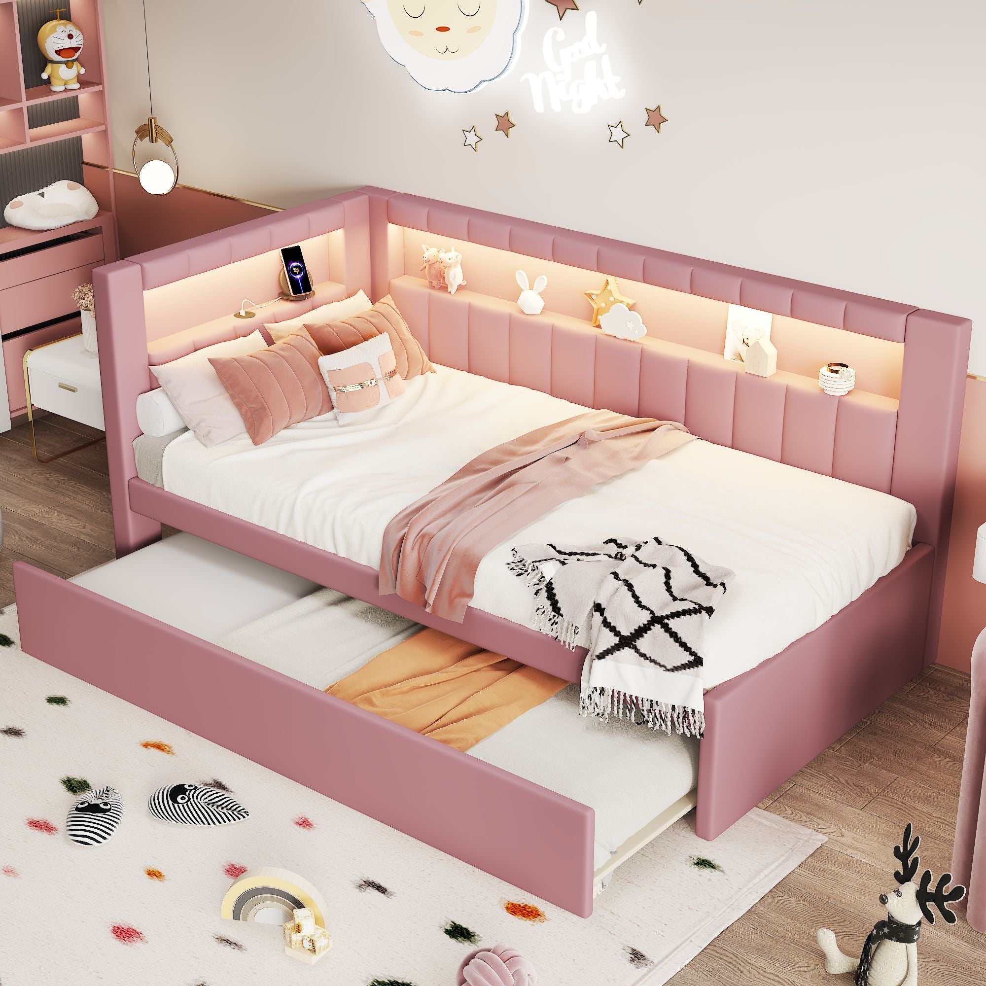 Upholstered Platform Bed With USB Ports And LED Belt