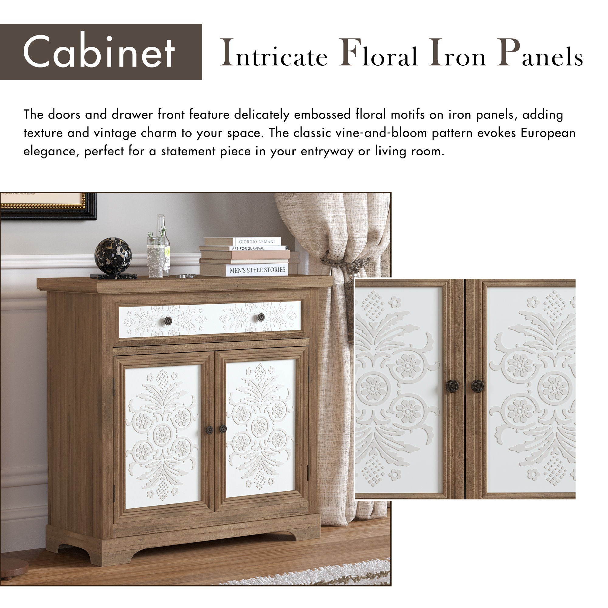 Accent Cabinet With Carved Floral Panels, Sideboard With Drawer And Double Doors - Antique Brown / White