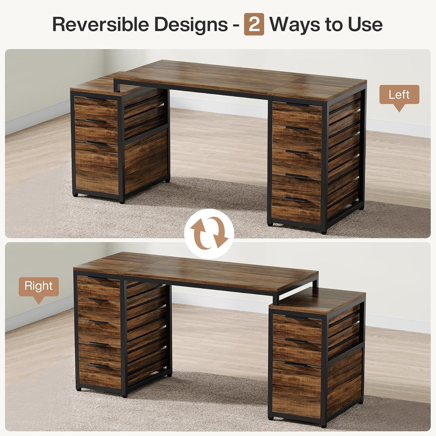 Computer Desk With 8 Drawers And Reversible File Cabinet, Workstation For Home Office - Brown / Black