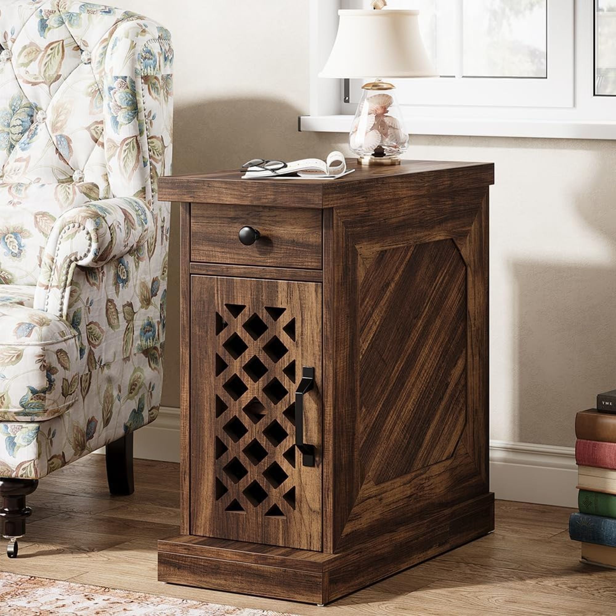 Narrow End Table With Drawer & Cabinet, Nightstand For Small Spaces - Brown