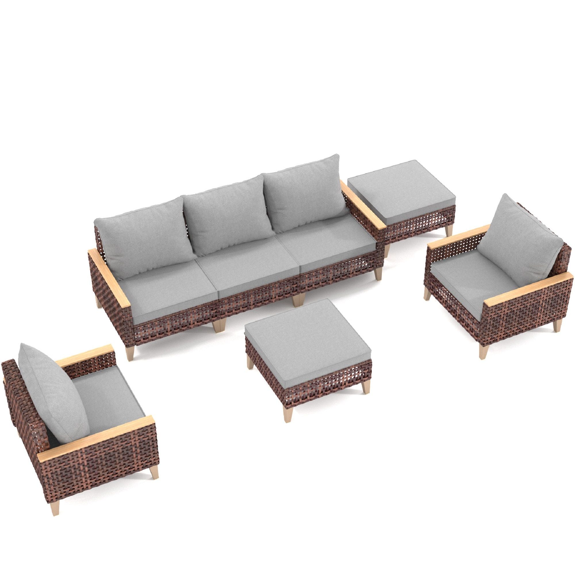 5 Piece Rattan Terrace Furniture Set, 7 Seats Cushions, High Footed Design