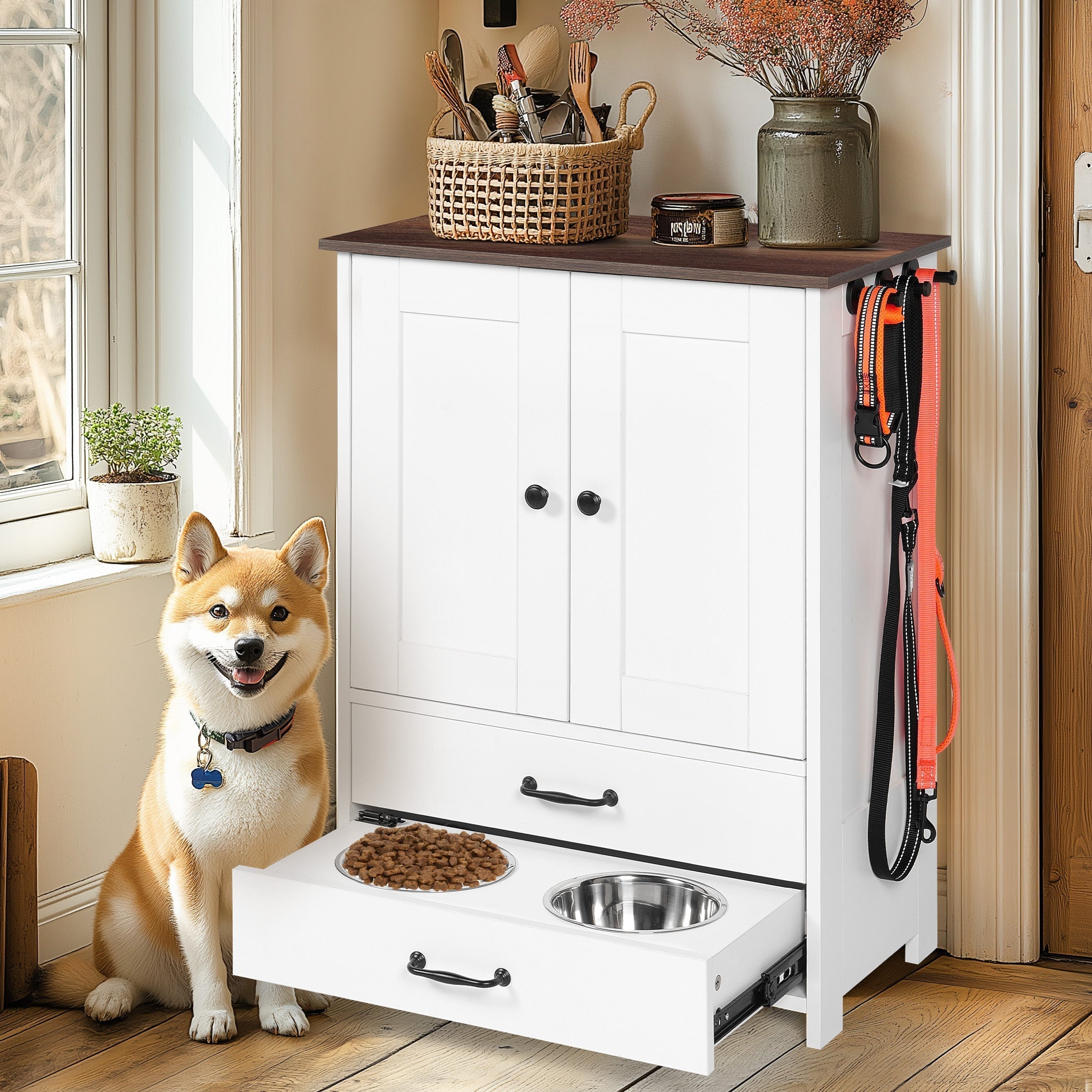 Dog Feeding Station Double Door Locker with 2 Adjustable Dog Bowls White
