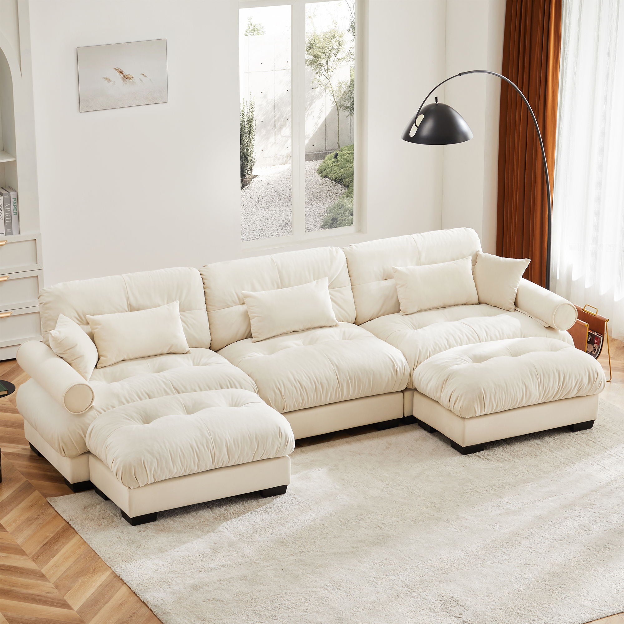 Modern Sectional Sofa With Ottoman, Round Bolster Armrests, Waist And Throw Pillows