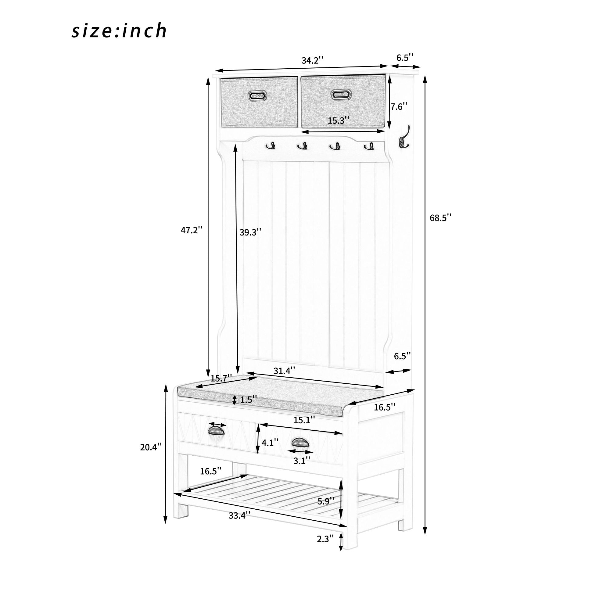 Hall Tree With 6 Hooks And Hinged Lid, Coat Hanger, Storage Bench, 3 In 1 Design