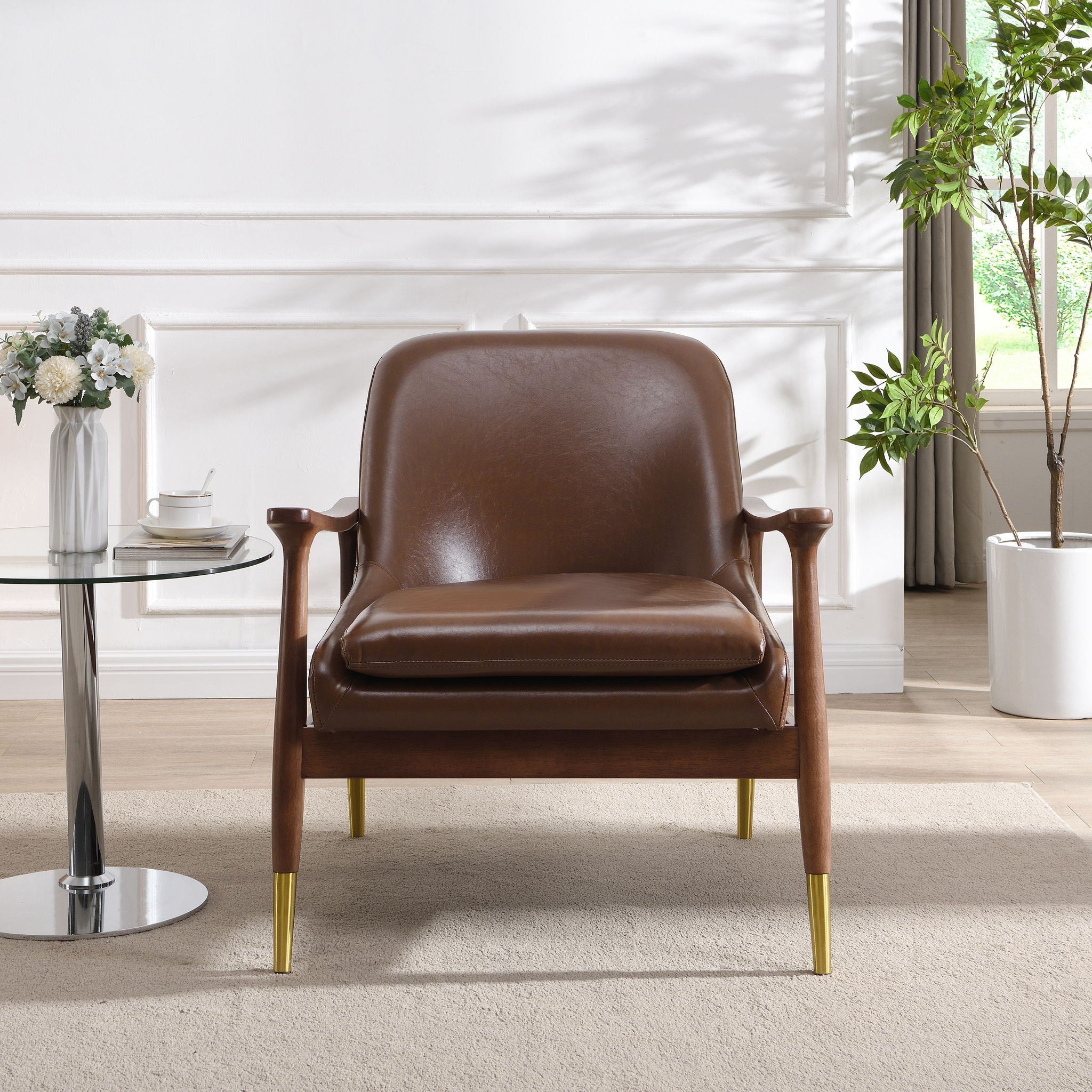 Mid - Century Accent Chair With Cushioned Seat, Brass Tipped Legs