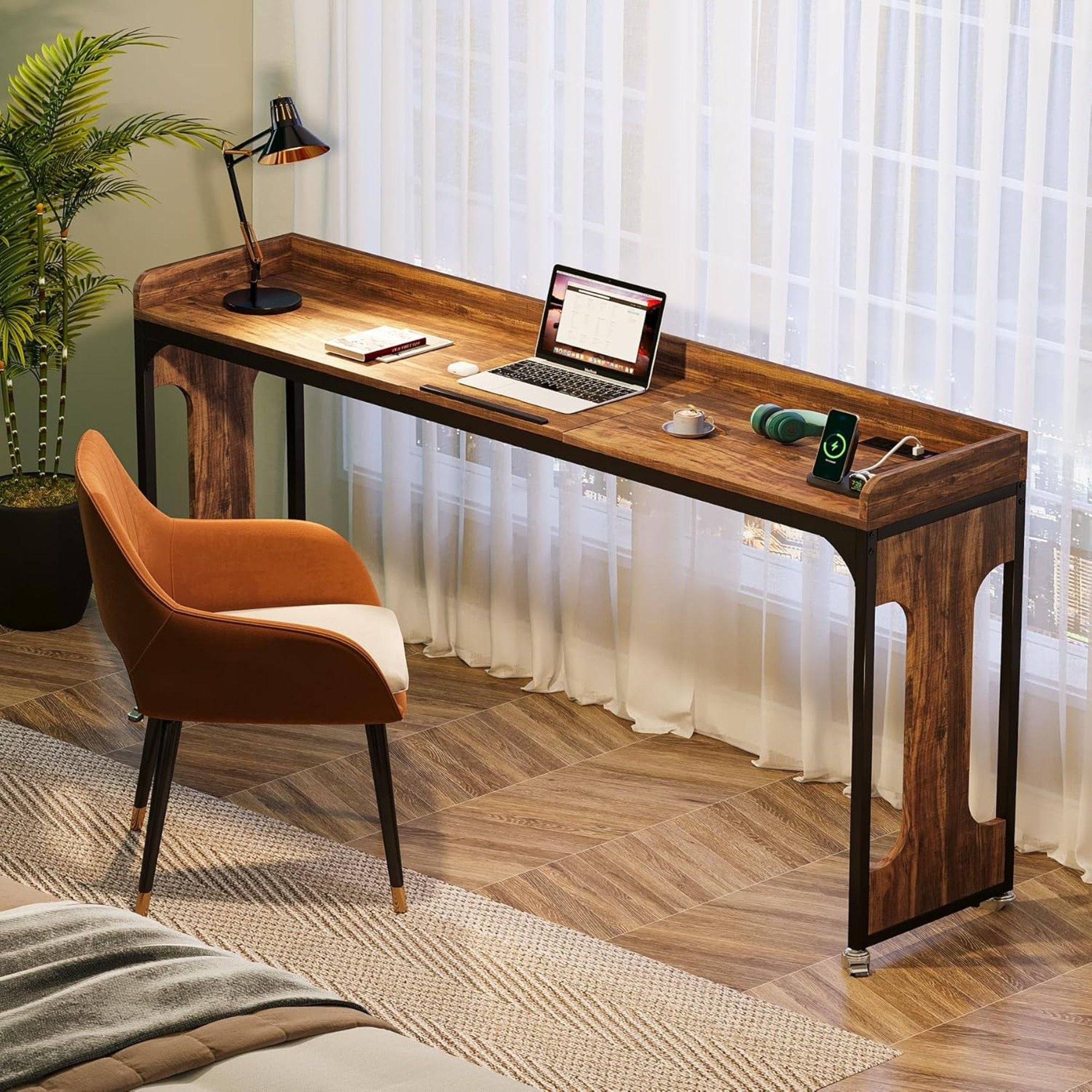 Height Adjustable Overbed Table With Wheels, Queen Size Mobile Laptop Desk, Rolling Computer Cart With Tiltable Stand And Built In Outlets & USB Ports - Rustic Brown