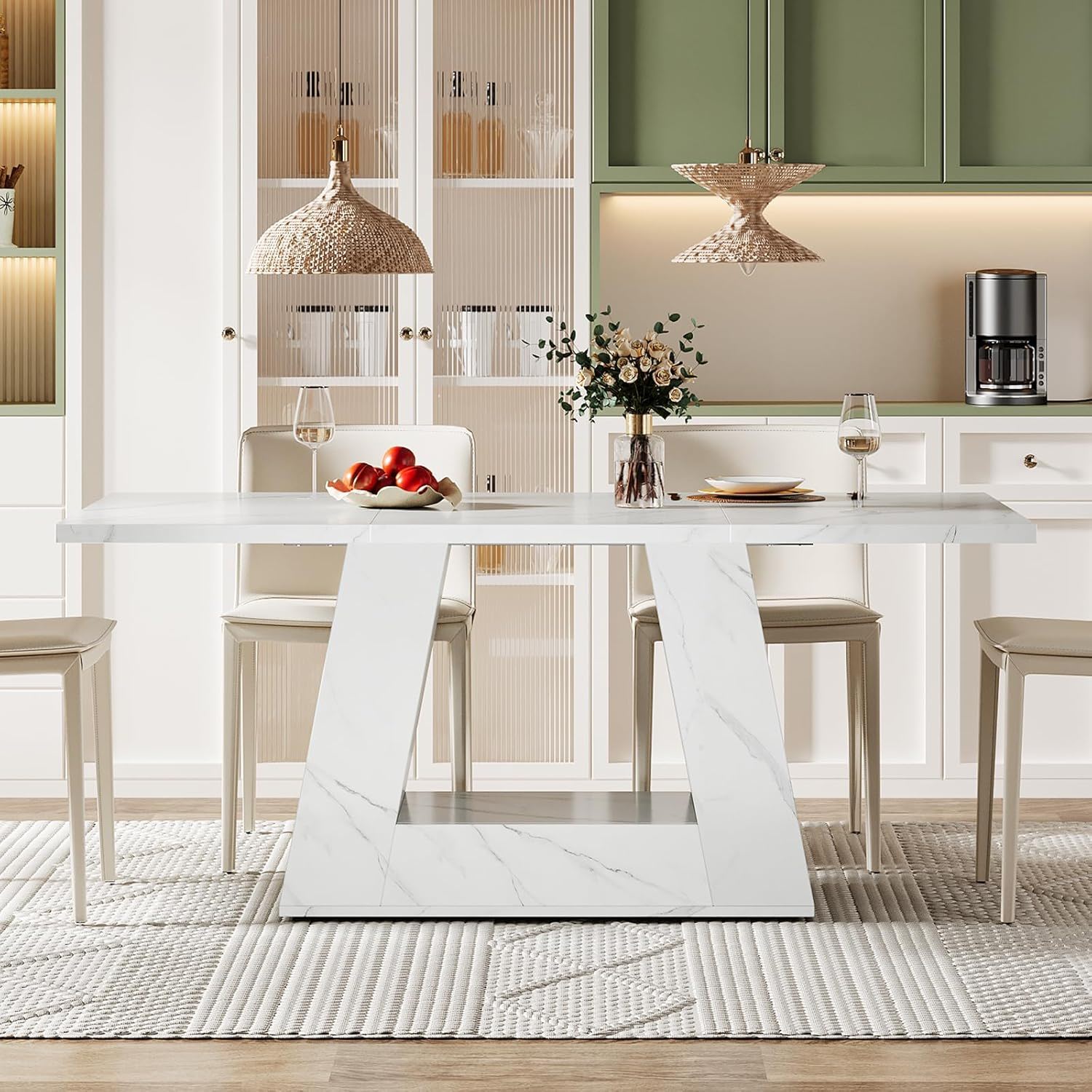 Dining Table For 4 To 6 People, With Trapezoid Base For Dining Room - White