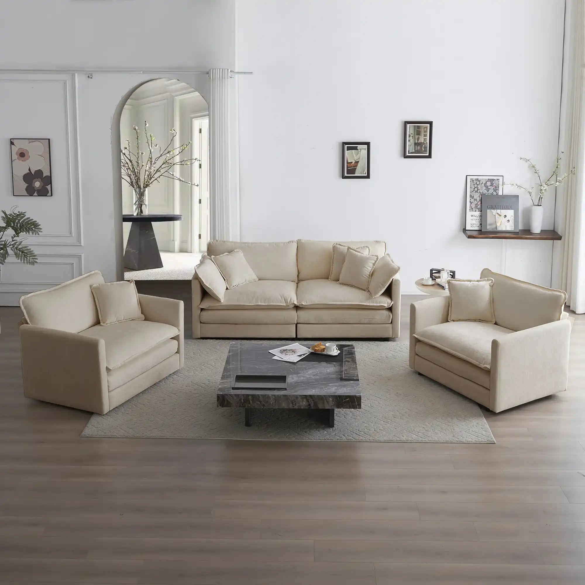 3 Piece Living Room Sofa Set, Beige Chenille