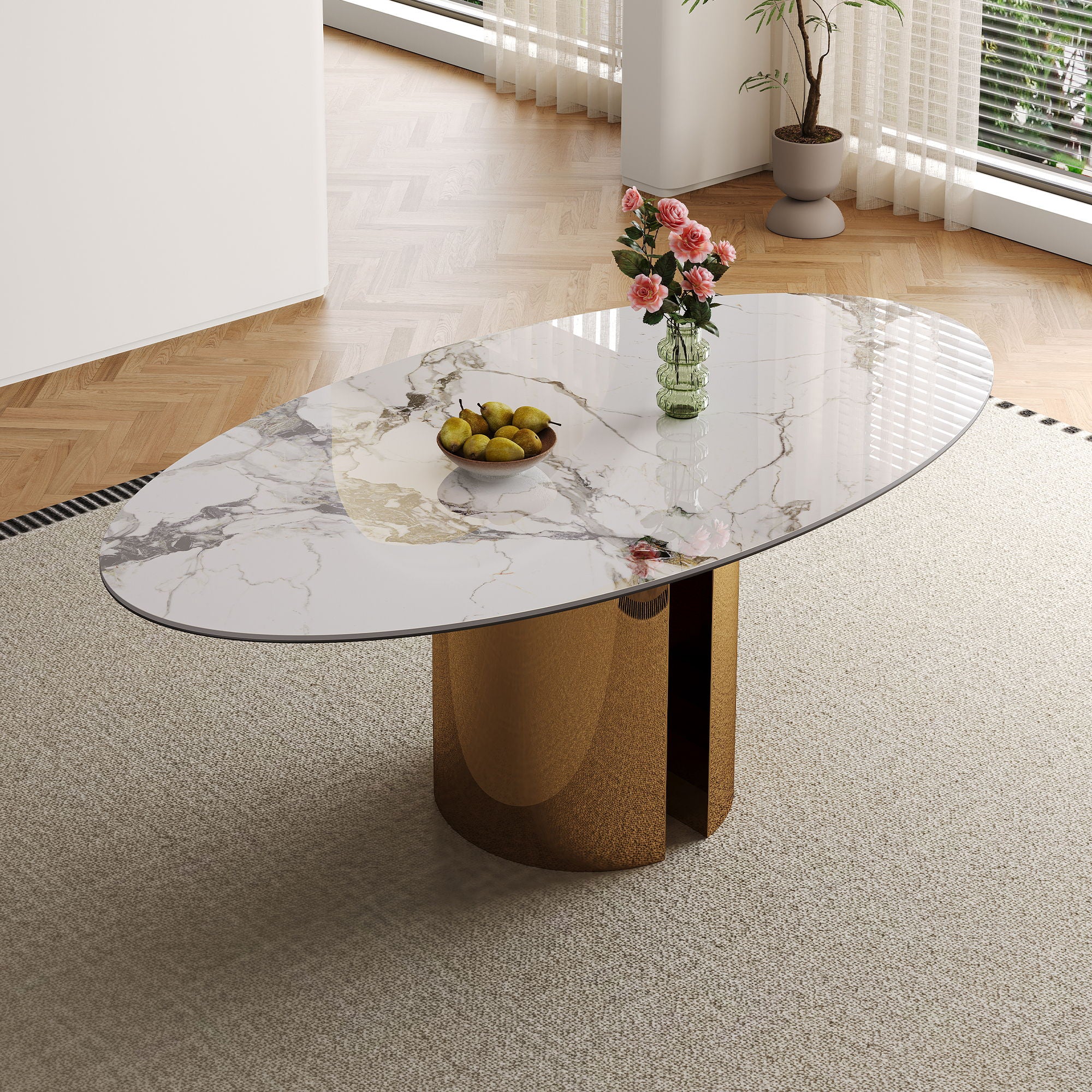 Steel Base Oval Sintered Stone Dining Table With 4 Chairs