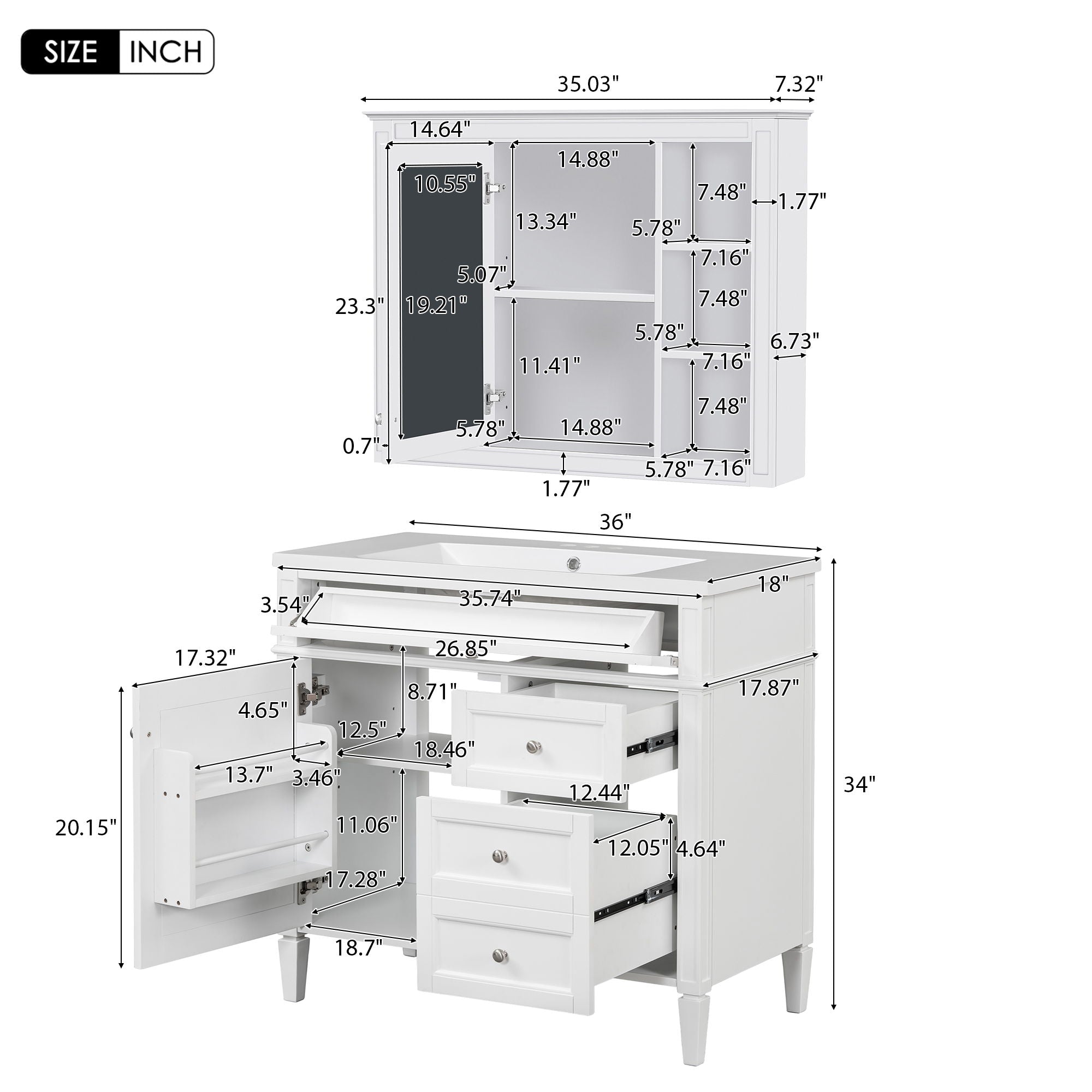 Bathroom Vanity With Top Sink, Storage Cabinet With Mirror, 2 Doors, 3 Drawers, 6 Open Shelves