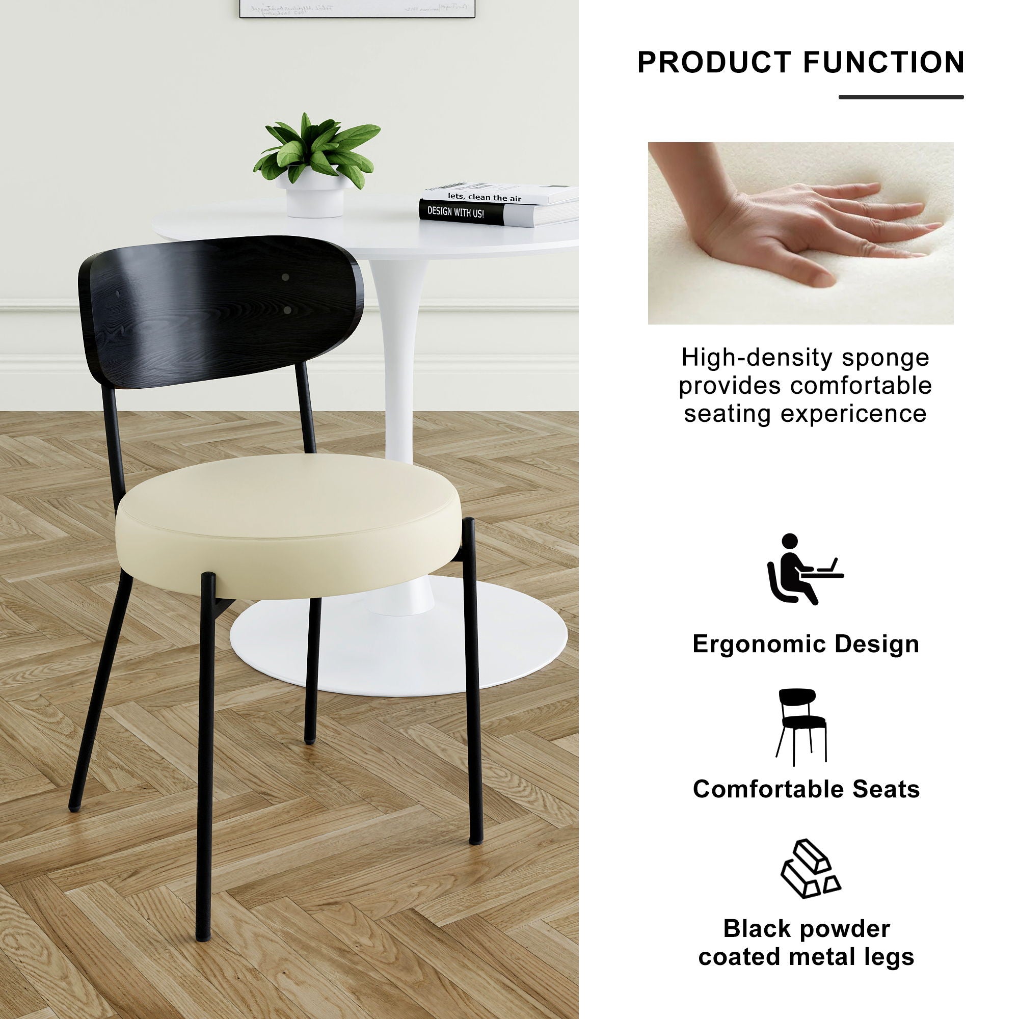 Modern Bentwood Dining Chair, Metal Legs, Ash Veneer Back, (Set of 2) - Cream