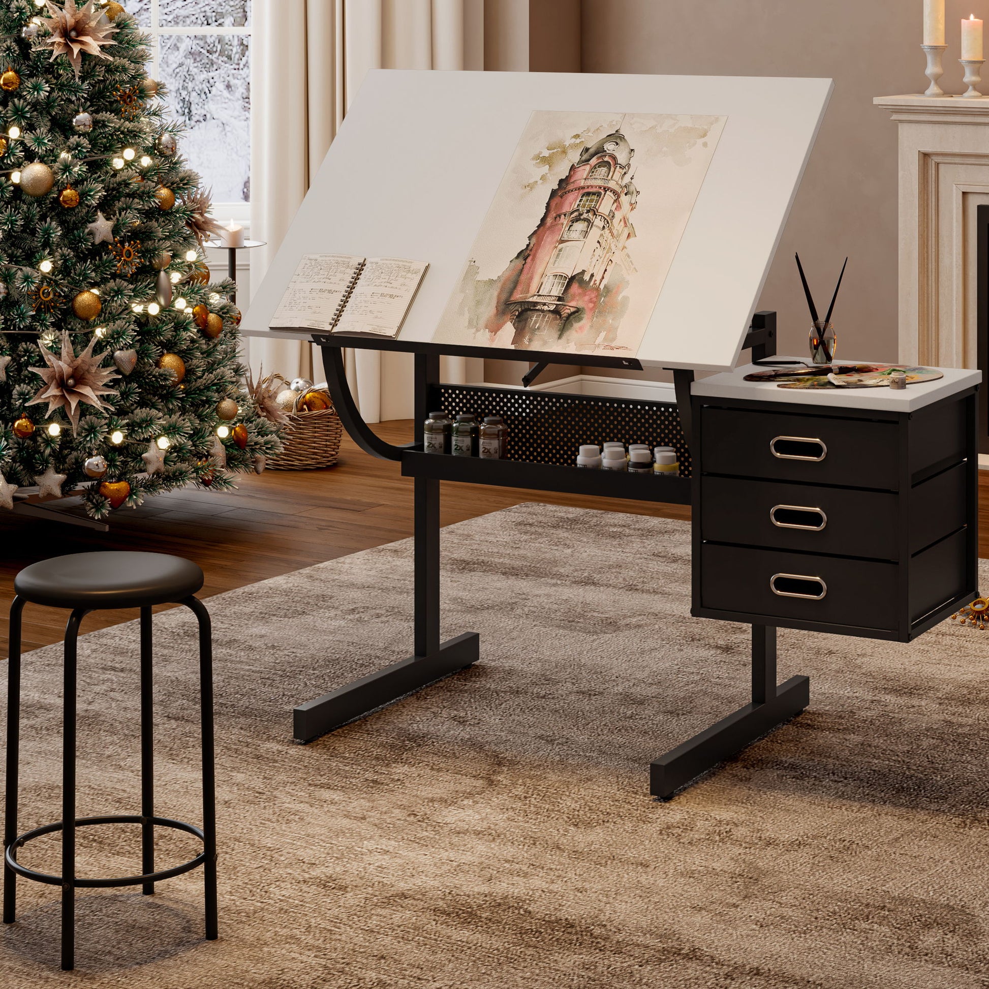Adjustable Drafting Drawing Table With Stool And 3 Drawers - White / Black - Best Buy Furniture
