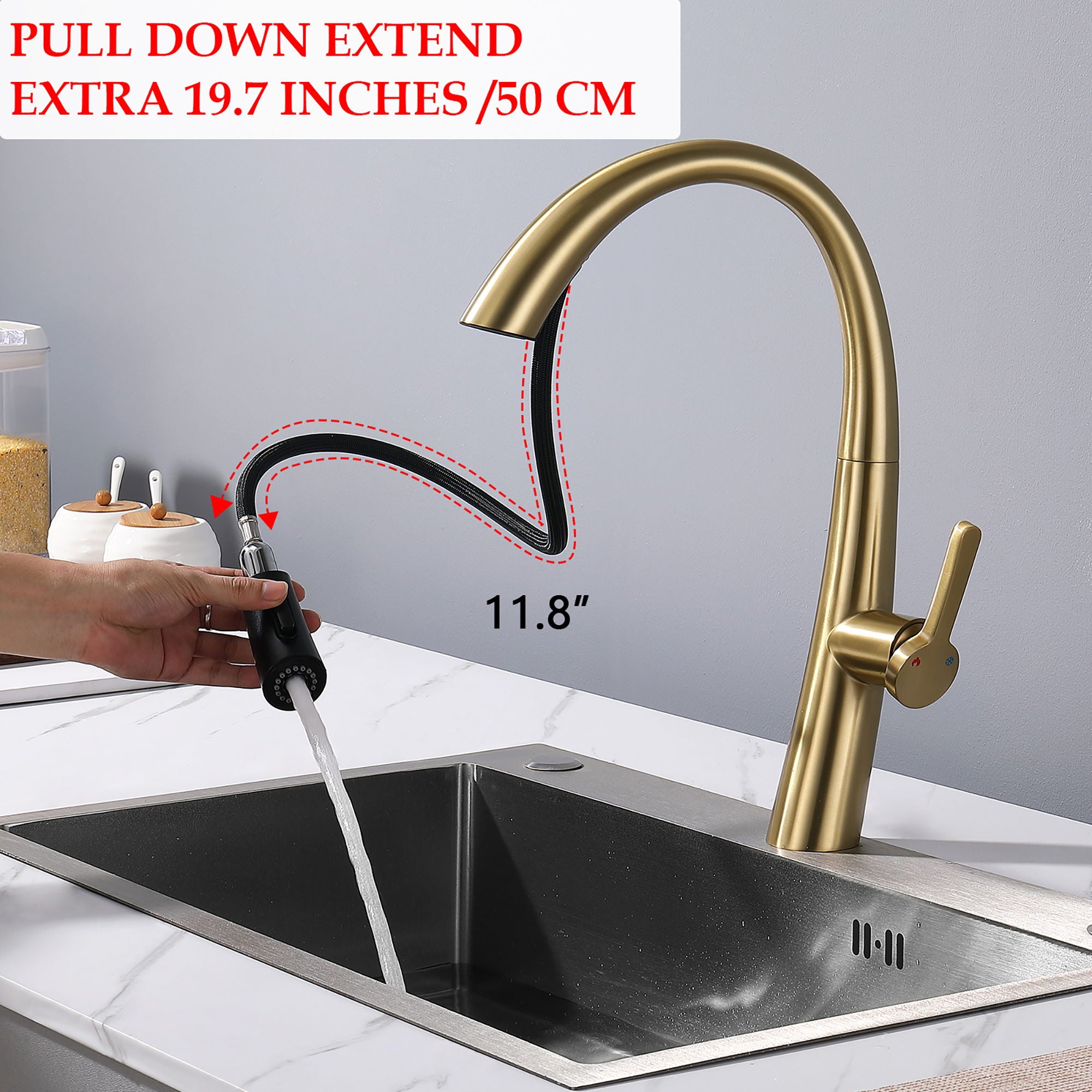 Elegant Single Handle Stainless Steel Pull Out Kitchen Faucet With High Arch Spout - Brushed Gold