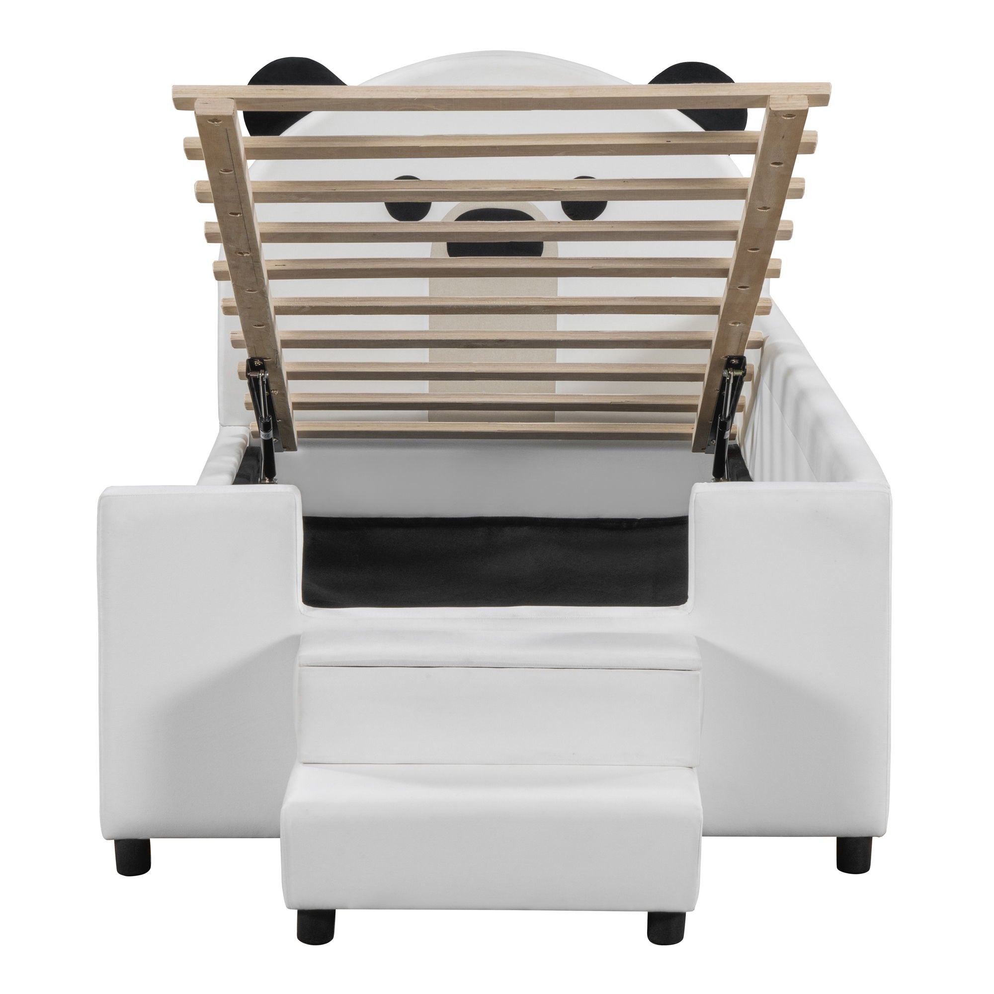 Upholstered Daybed With Bear Shaped Headboard, Hydraulic System And Breathable Mesh Fence