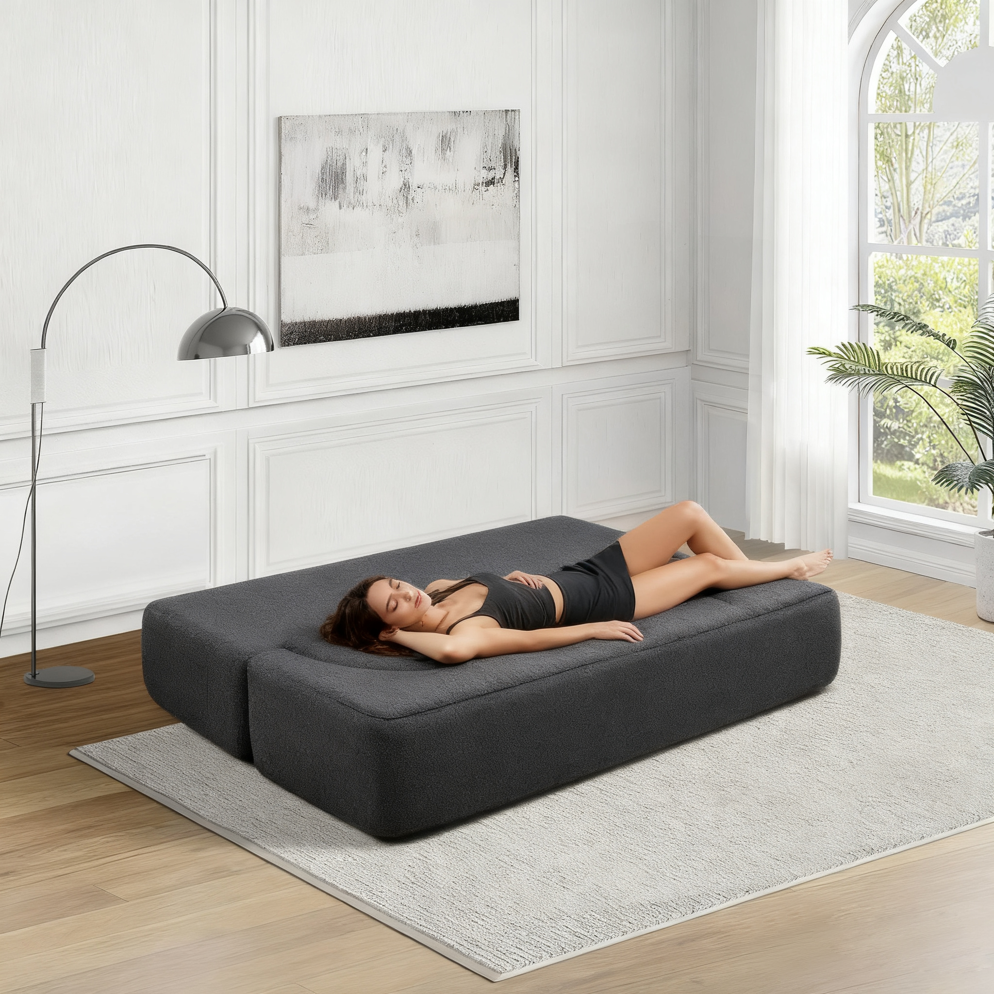 Folding Sofa Bed in Black Teddy Bear Fabric