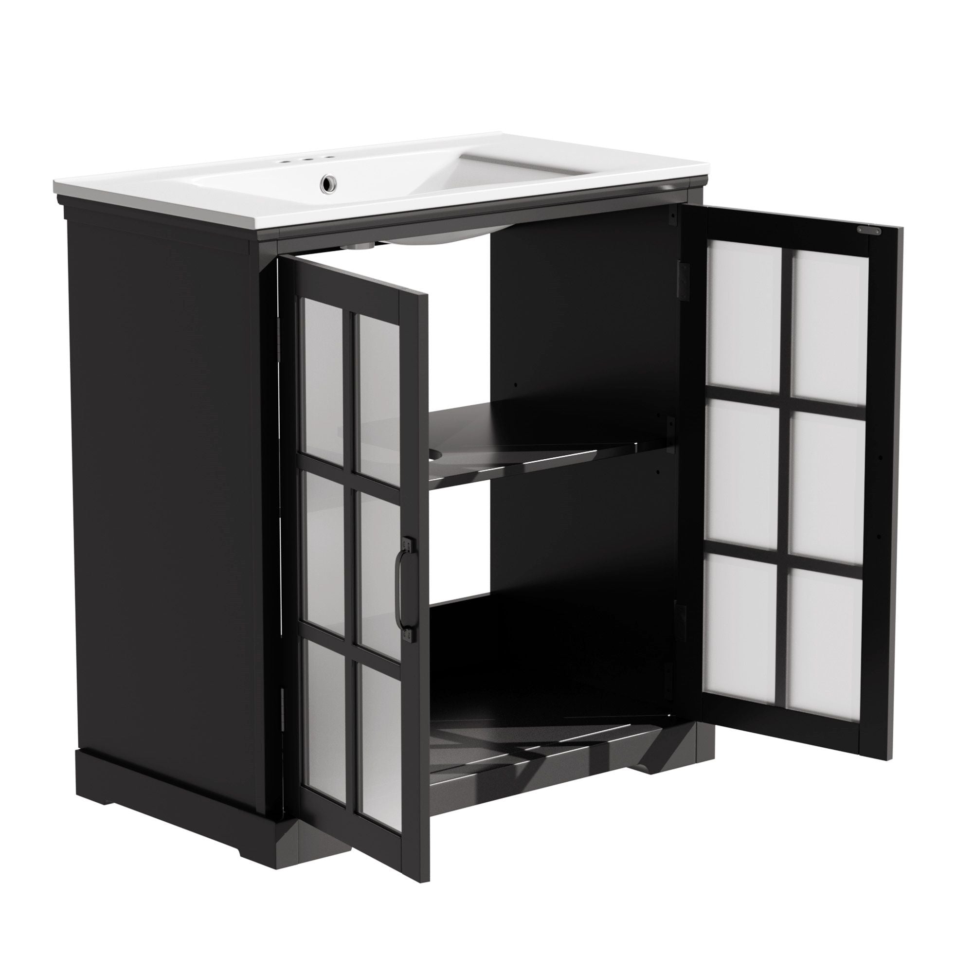 Modern Bathroom Vanity With Ceramic Sink, Tempered Blurred Glass Doors