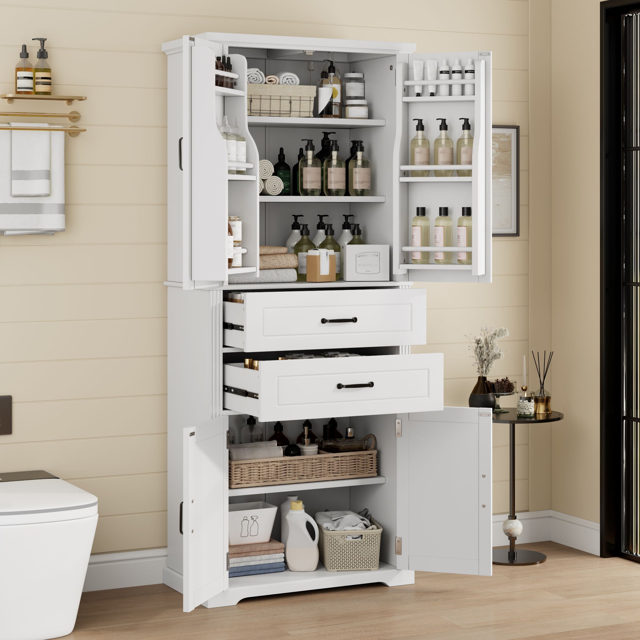 Multi Functional Storage Cabinet With Adjustable Shelves, 2 Drawers, Door Shelves