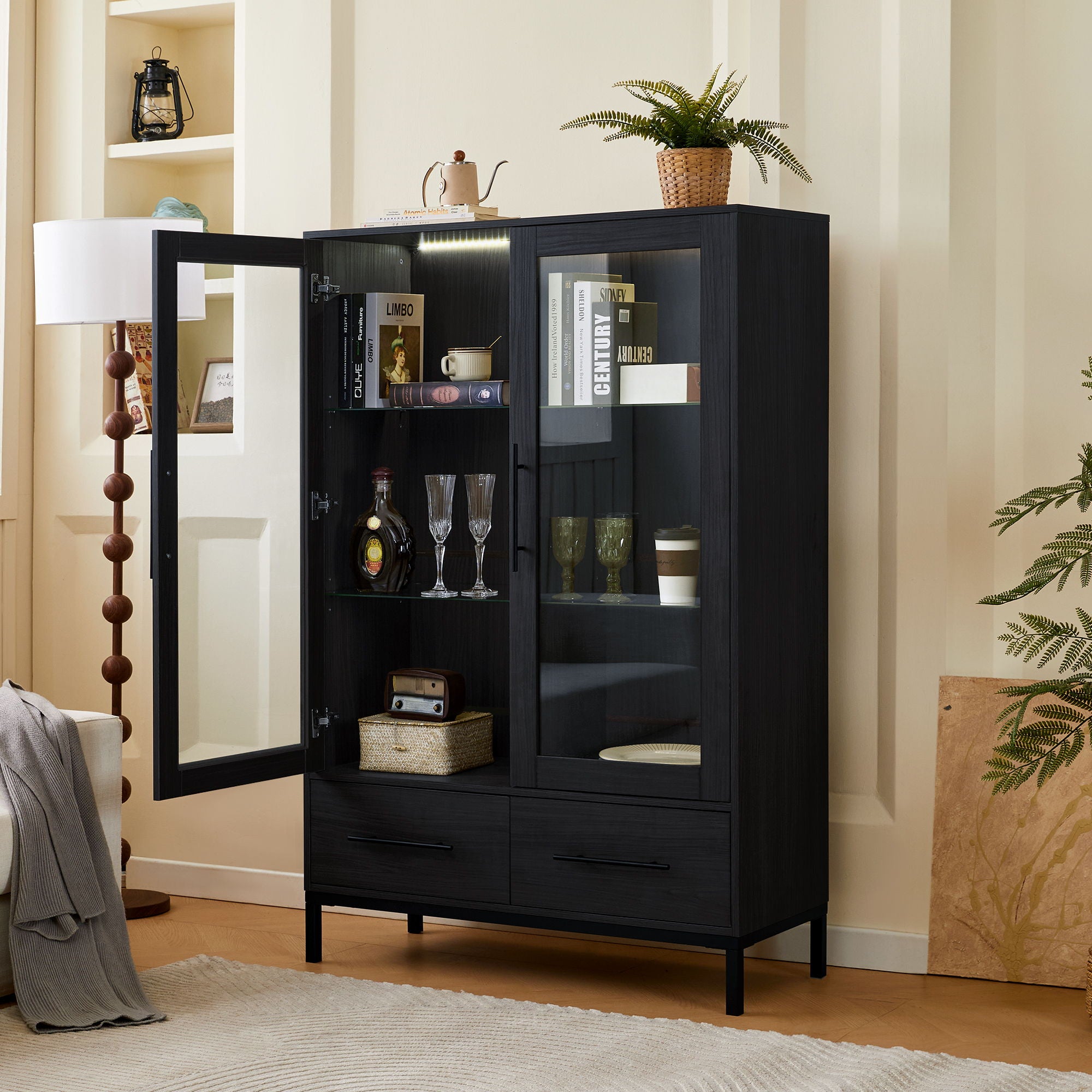 Modern Style Tall Display Cabinet With LED Lighting, Tempered Glass Door, 2 Drawers