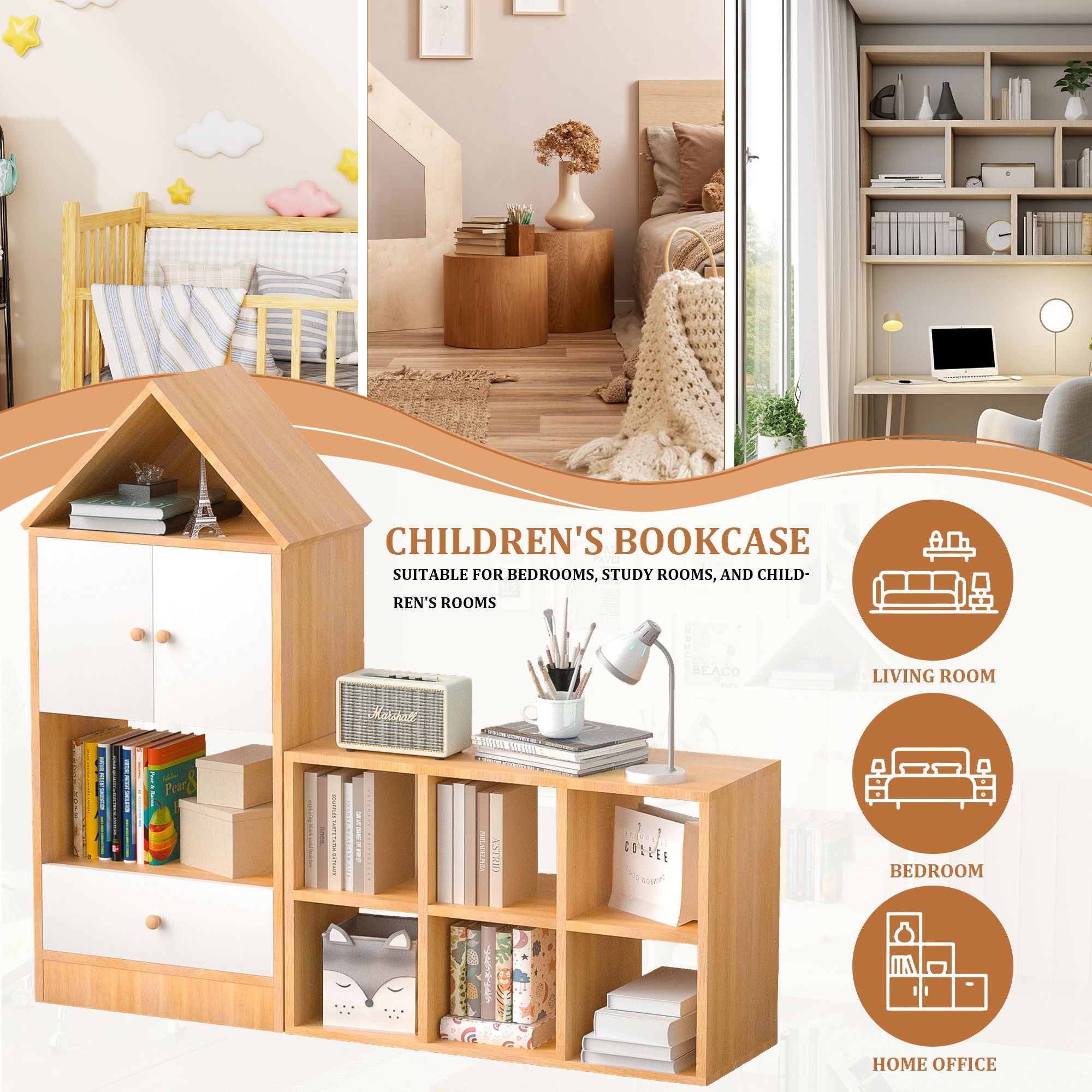 Versatile Children's Bookshelf With House Shaped Design, Multi Functional Storage