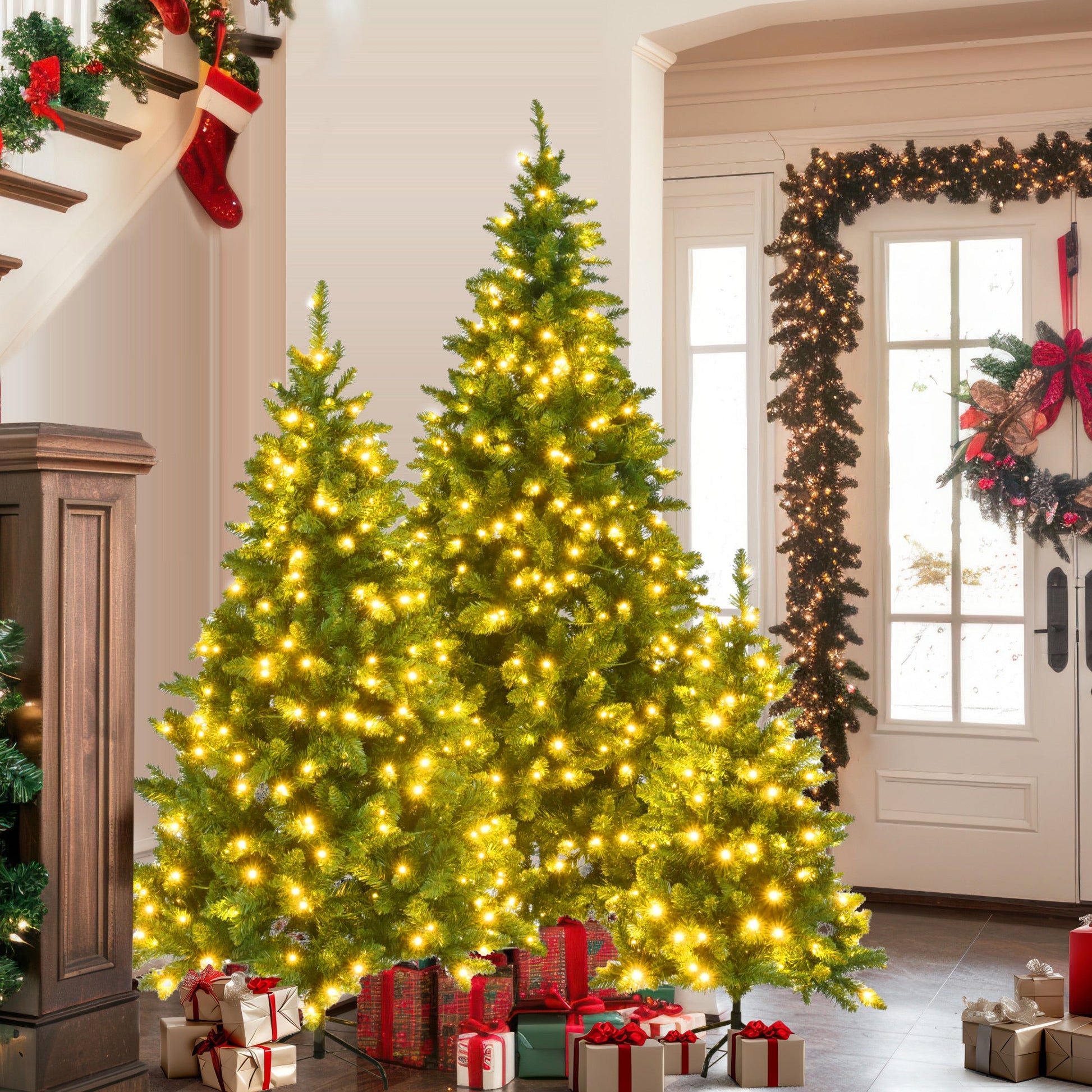 8FT,-6FT,-4FT-Pre-Lit-Green-Pine-Artificial-Christmas-Tree,-Set-of-3-Hinged-Xmas-Trees-with-820-Warm-Yellow-LED-Lights-and-2539-Branch-Tips,-Holiday-Decoration-for-Home,Office-and-Party-Christmas-Trees