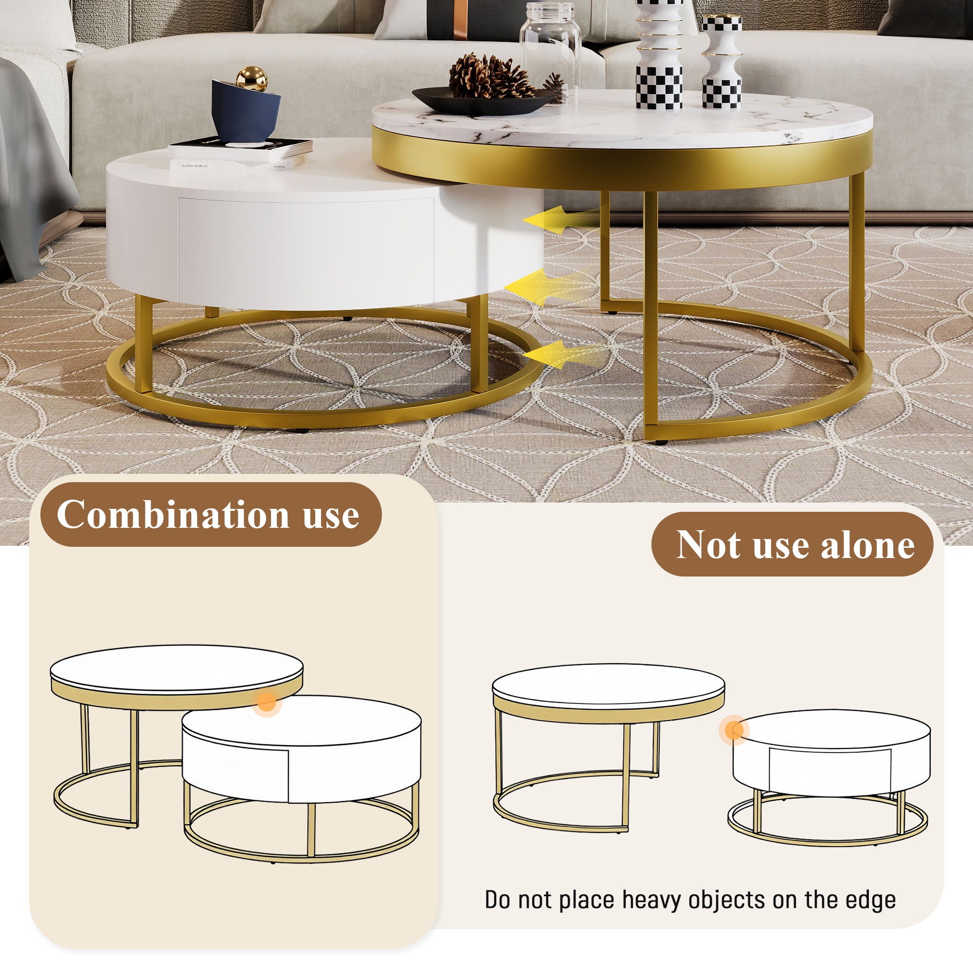 Round Nesting Coffee Table With Drawers - Golden / White