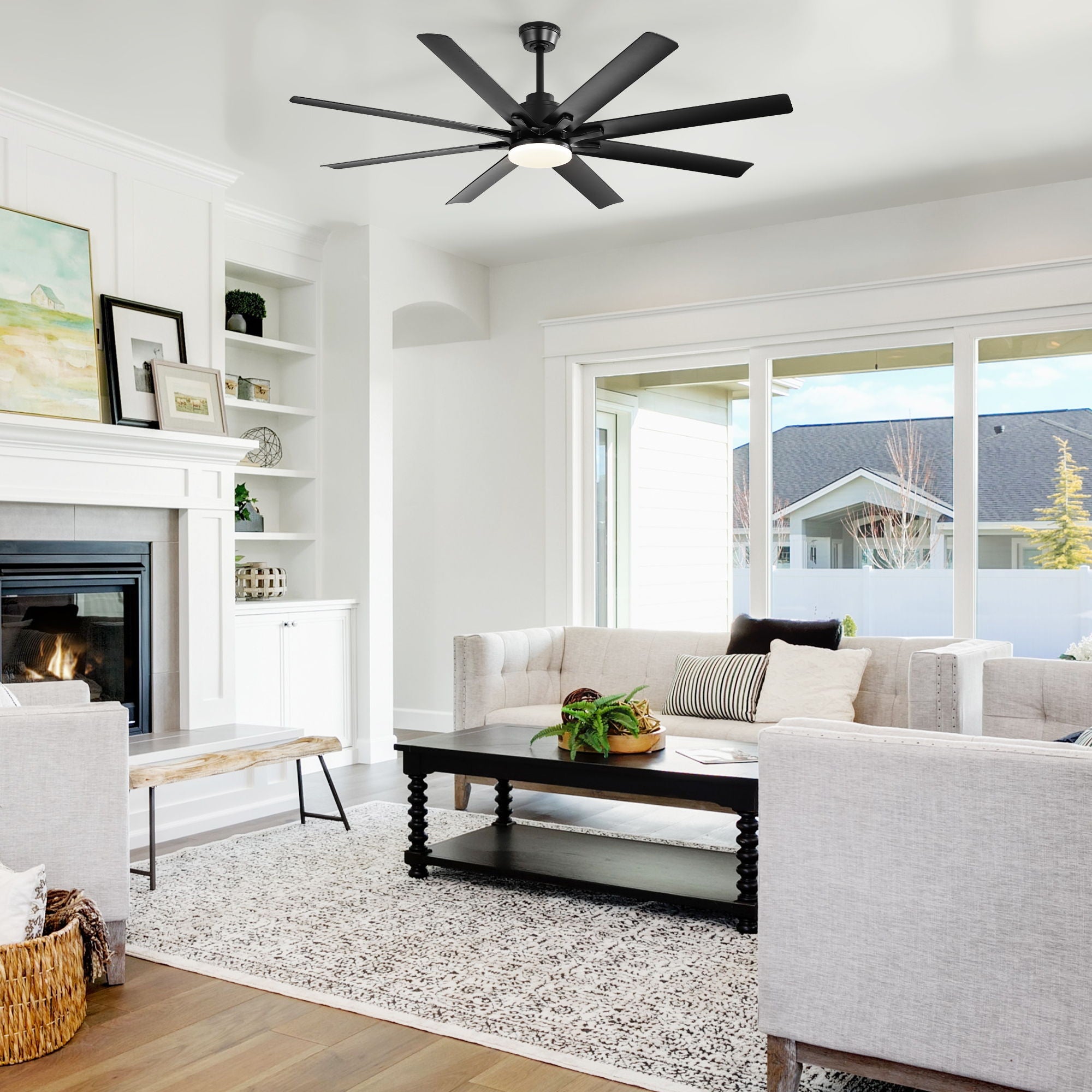 Smart Ceiling Fan With 8 Blades, Voice Remote Control, 6 Wind Speeds, Reversible DC Motor, 3 Color Lighting - Black