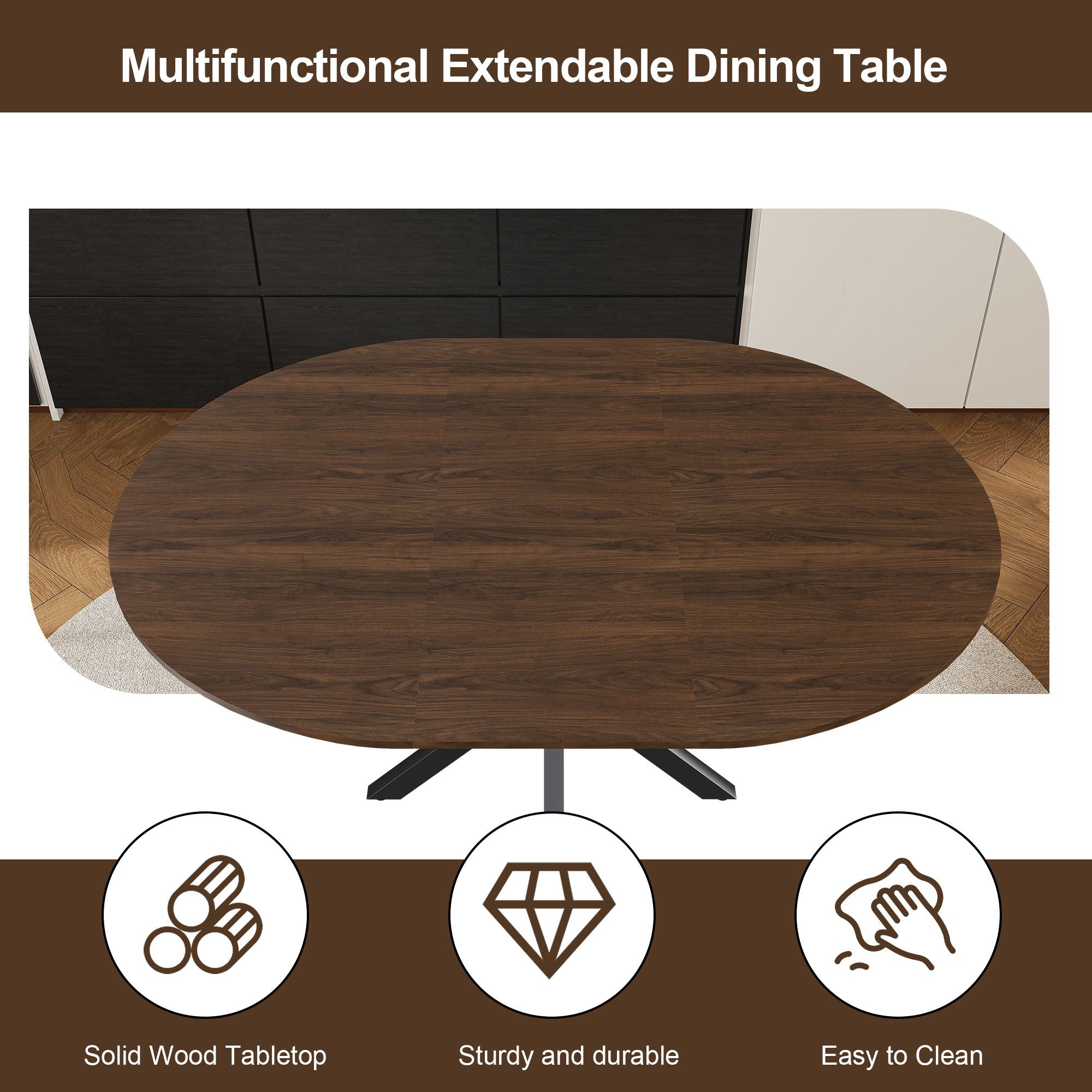 Retractable Dining Table, Round Extendable 6 Person Table - Walnut