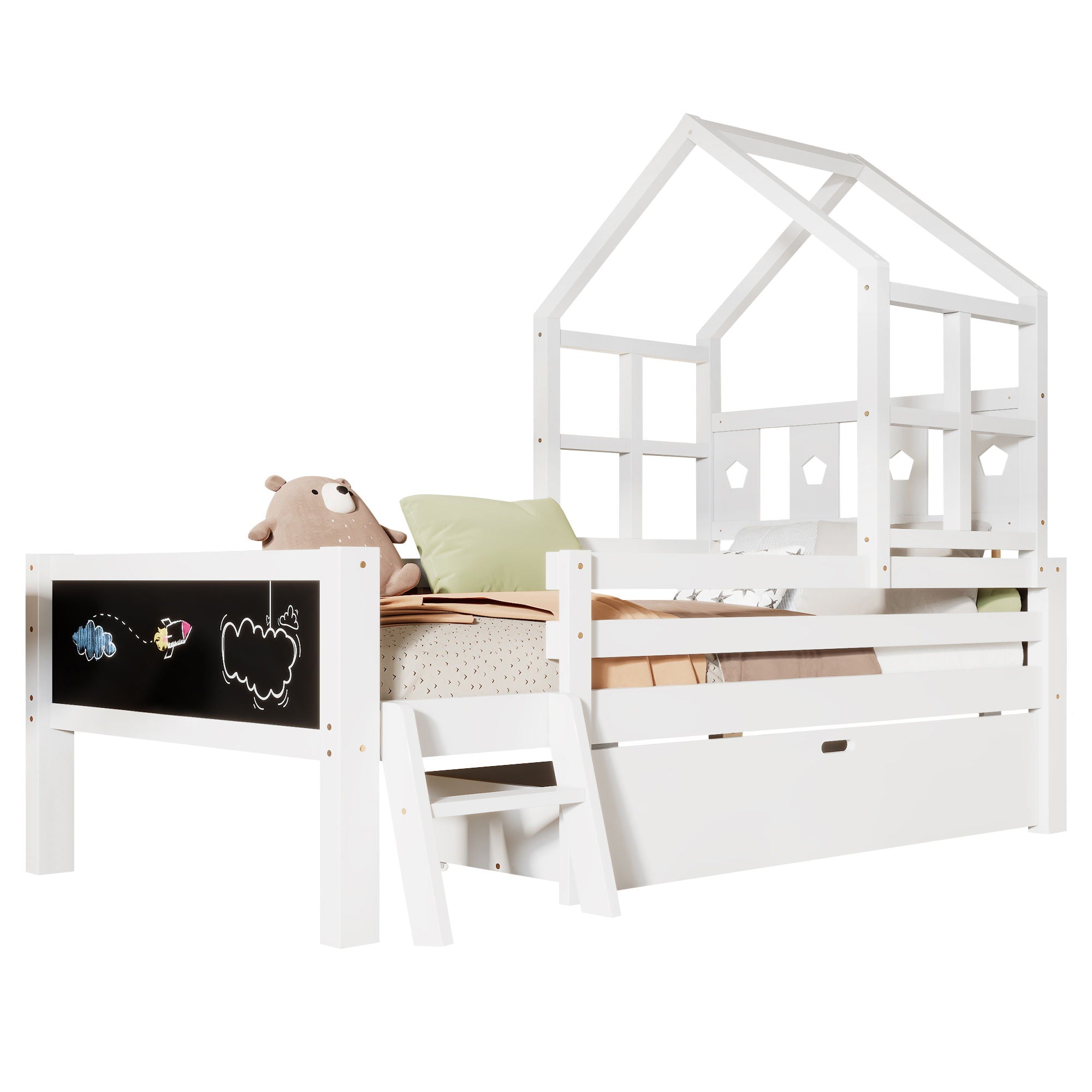 House Bed With Ladder And Storage Drawers Platform With Blackboard, No Box Spring