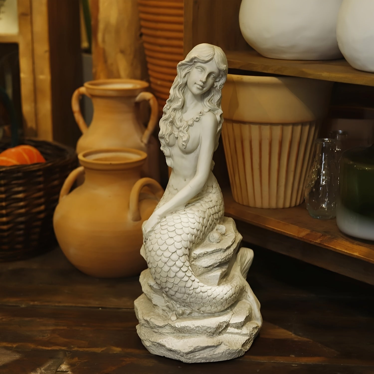 20" H Mermaid on Ocean Rock Garden Statue Resin Outdoor Sculpture