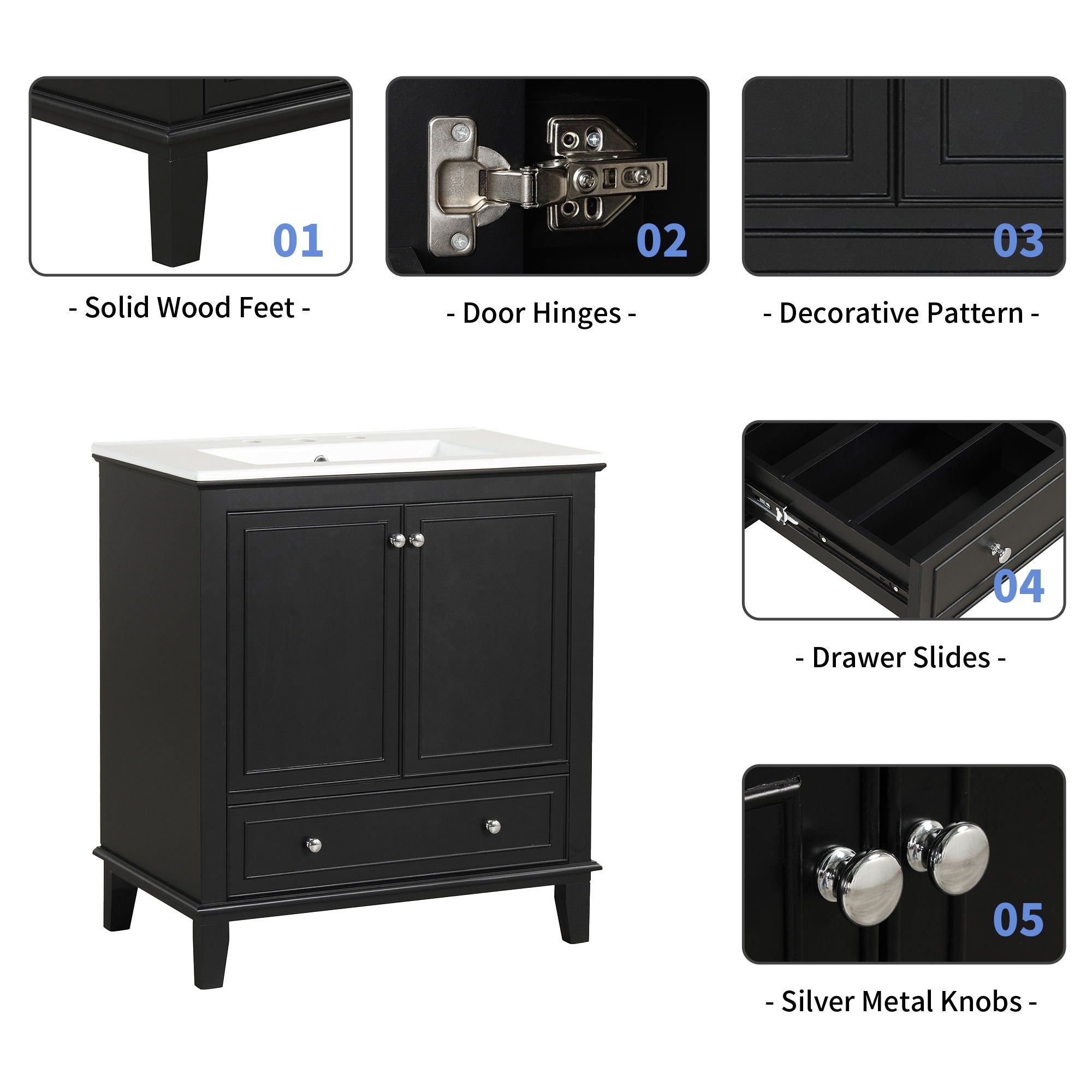 30" Bathroom Vanity With Sink Combo, Multi Functional Bathroom Cabinet With Doors And Drawer - Black