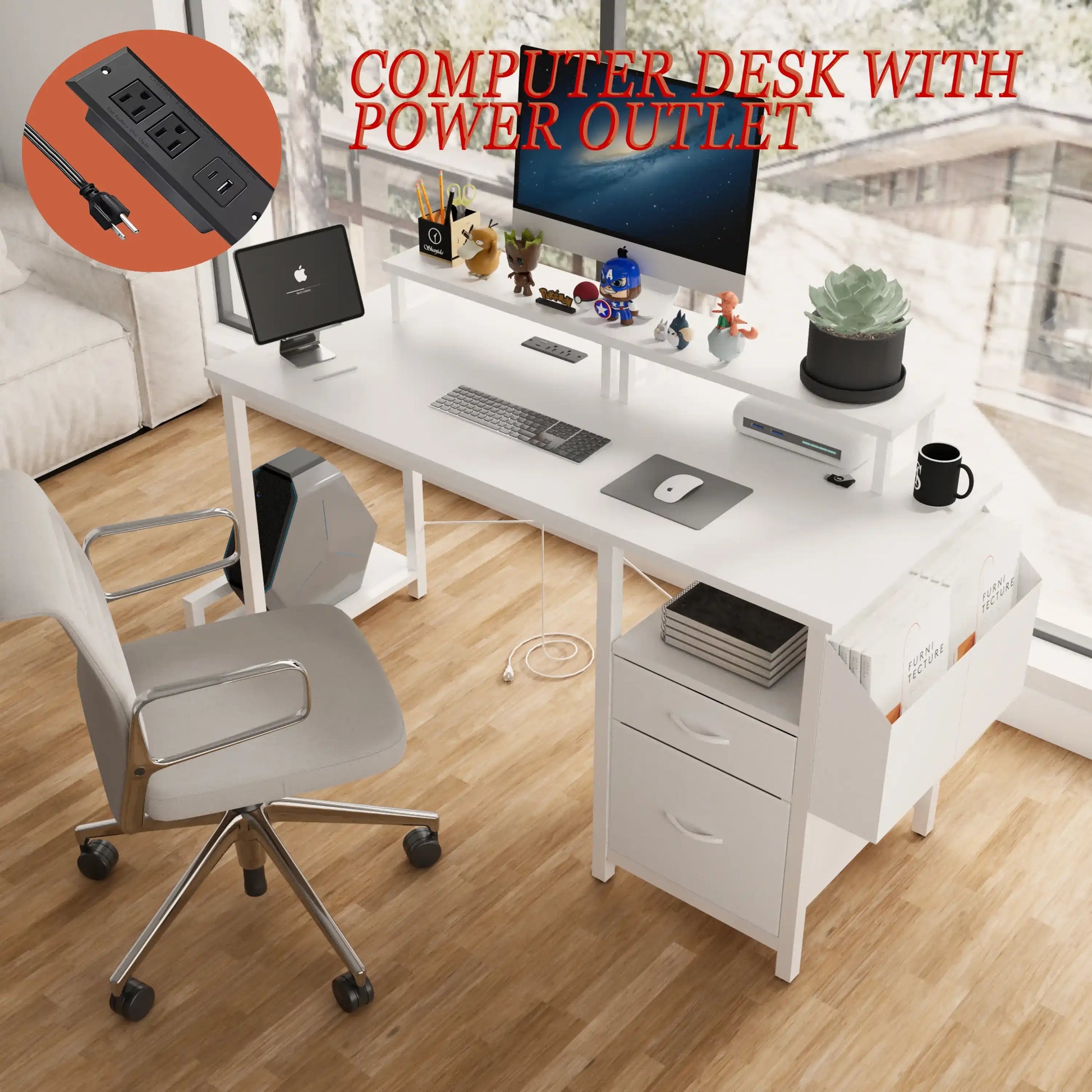 47.3" White Office Desk with Power Outlet and Monitor Stands - Best Buy Furniture