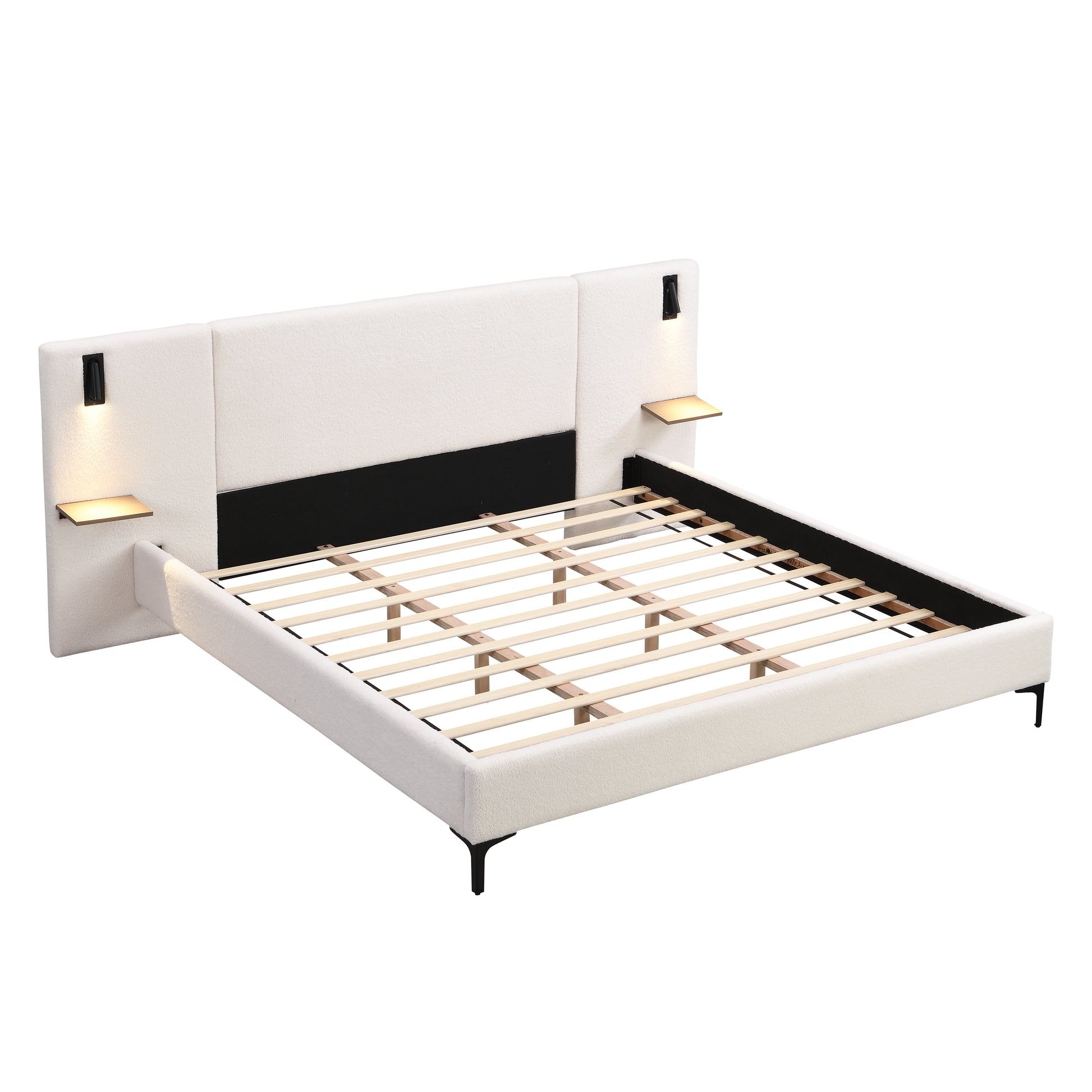 Chic Boucle Upholstered Bed with Integrated Lights and Shelves, White, King - Best Buy Furniture
