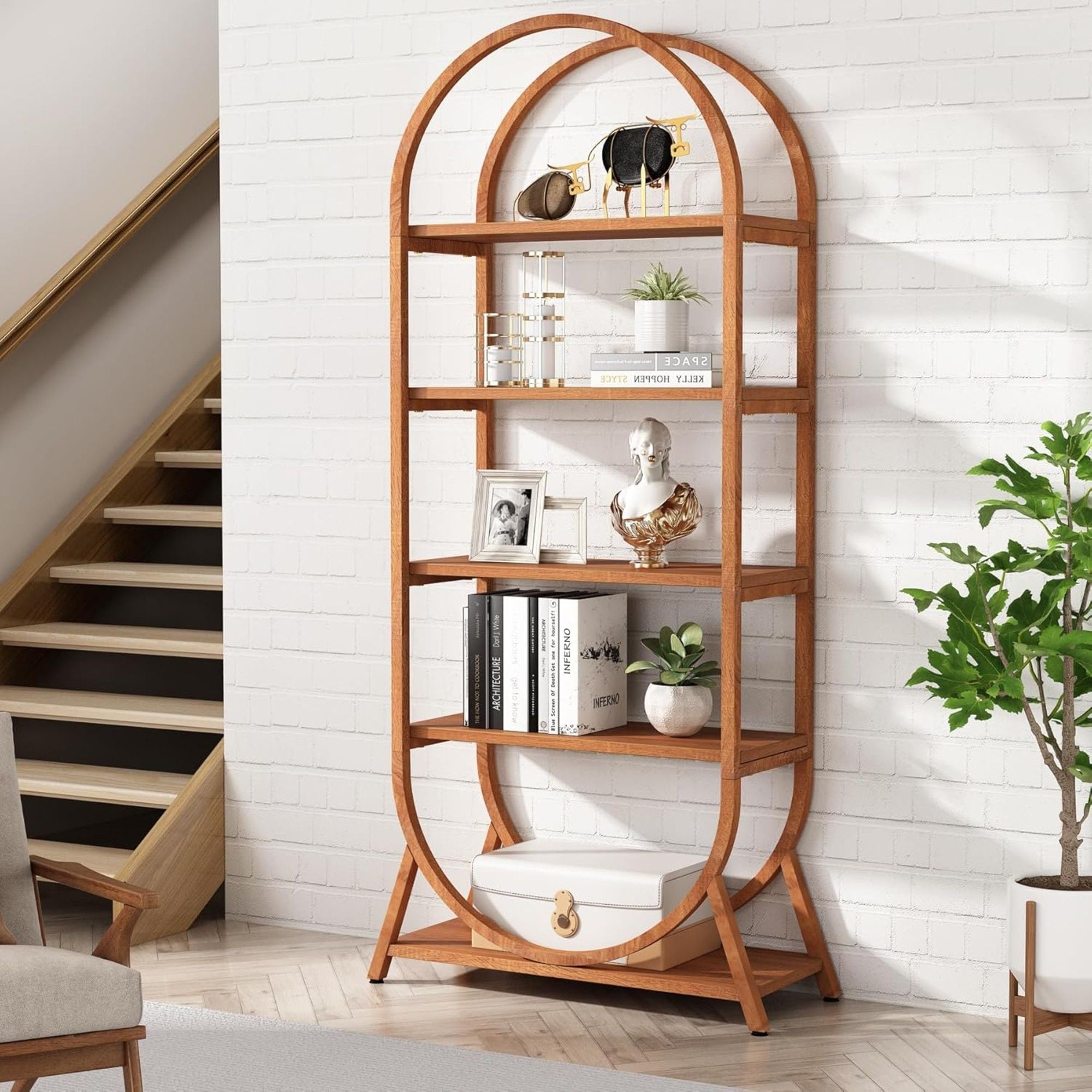 Arched 5 Tier Open Bookshelf For Office - Brown