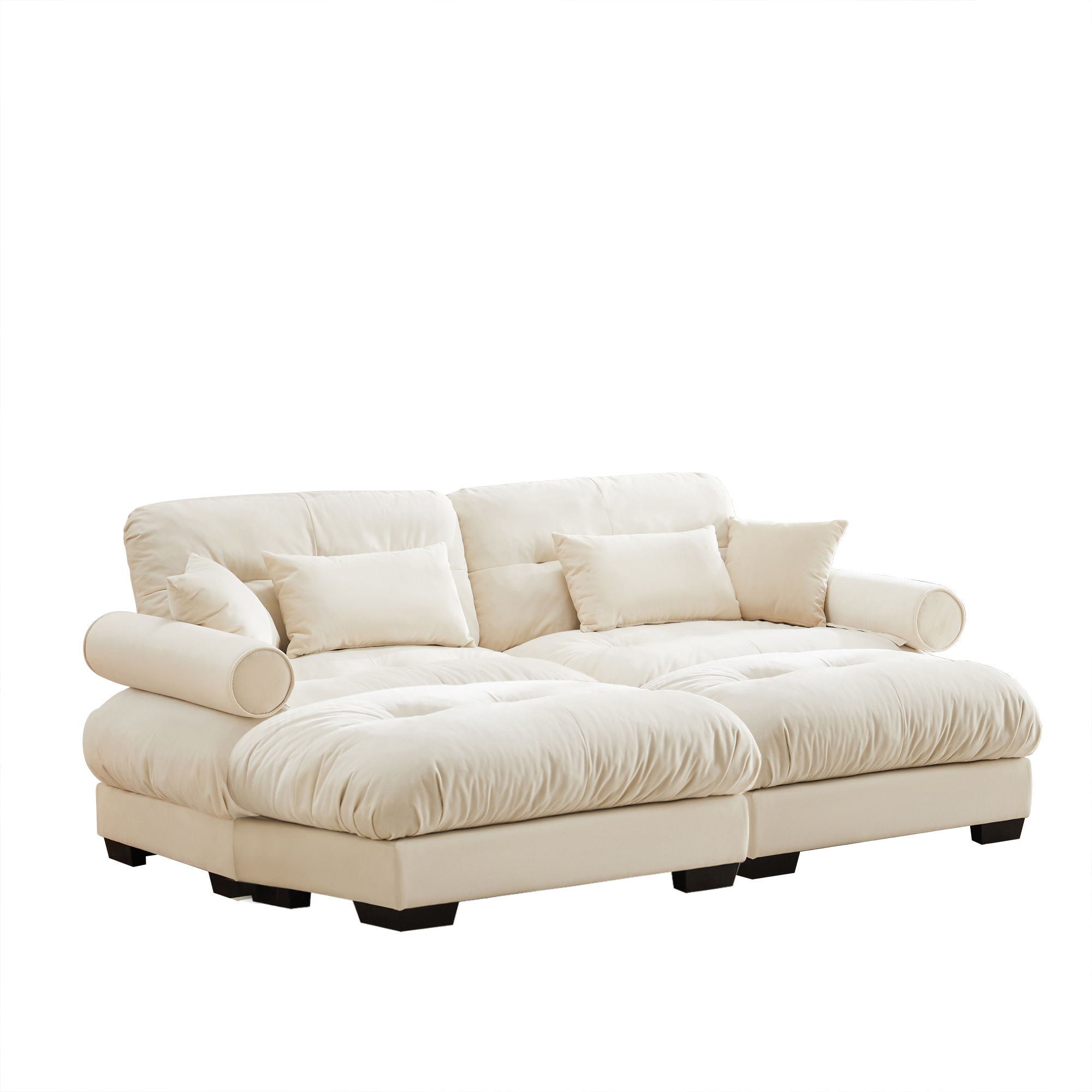 Modern Sectional Sofa With Ottoman, Round Bolster Armrests, Waist And Throw Pillows