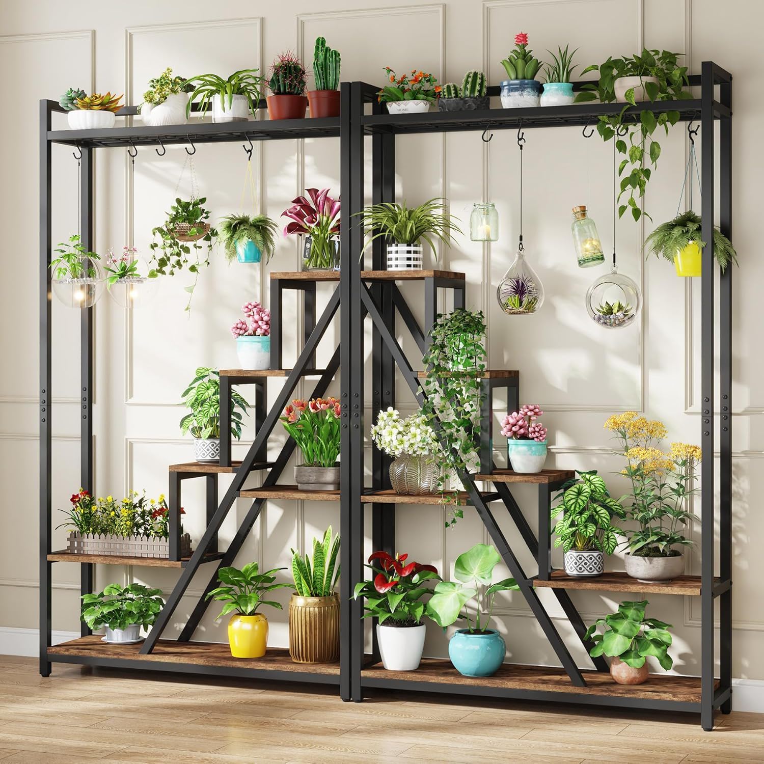 7 Tier Indoor Plant Stand With 5 S-Hooks - Brown / Black