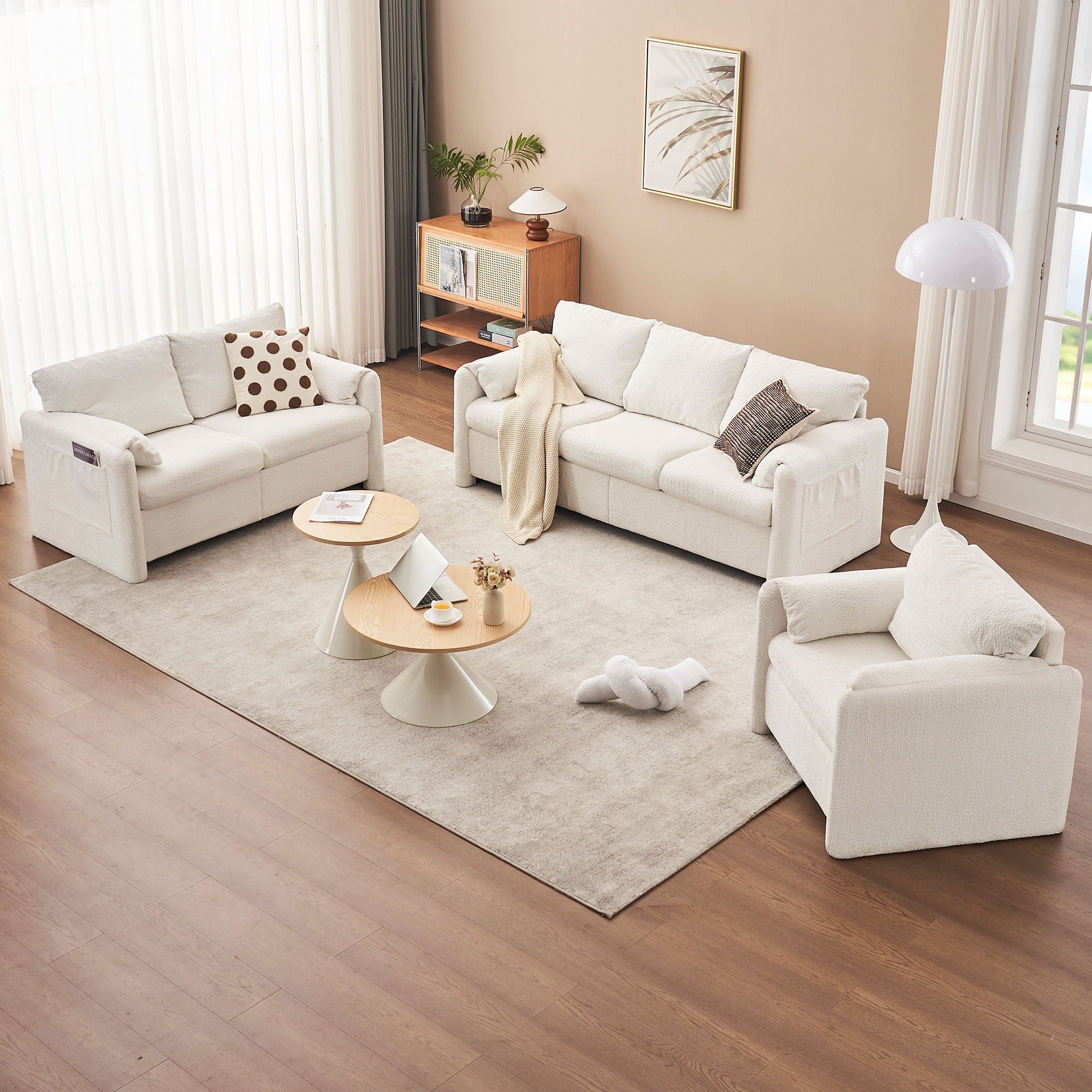 Modern Loveseat Sofa 2 Seater Plush Chenille Fabric Couch With High Density Foam Cushions - Ivory White