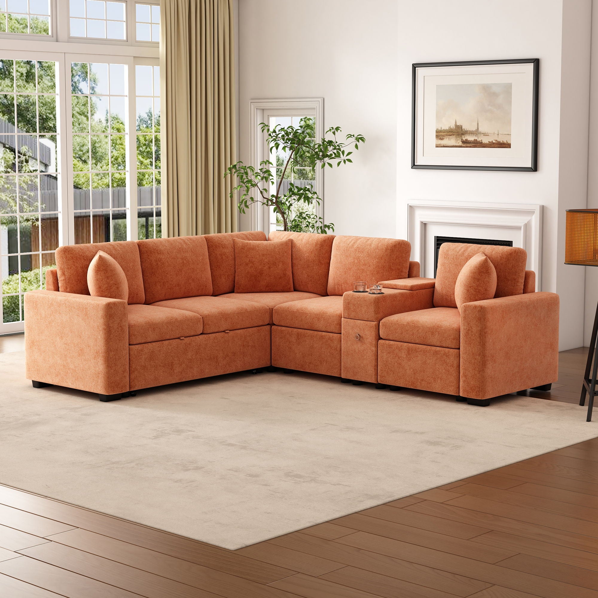 Modular L-Shaped Sectional Sofa Bed With Pull-Out Sleeper, Cup Holders, And Storage