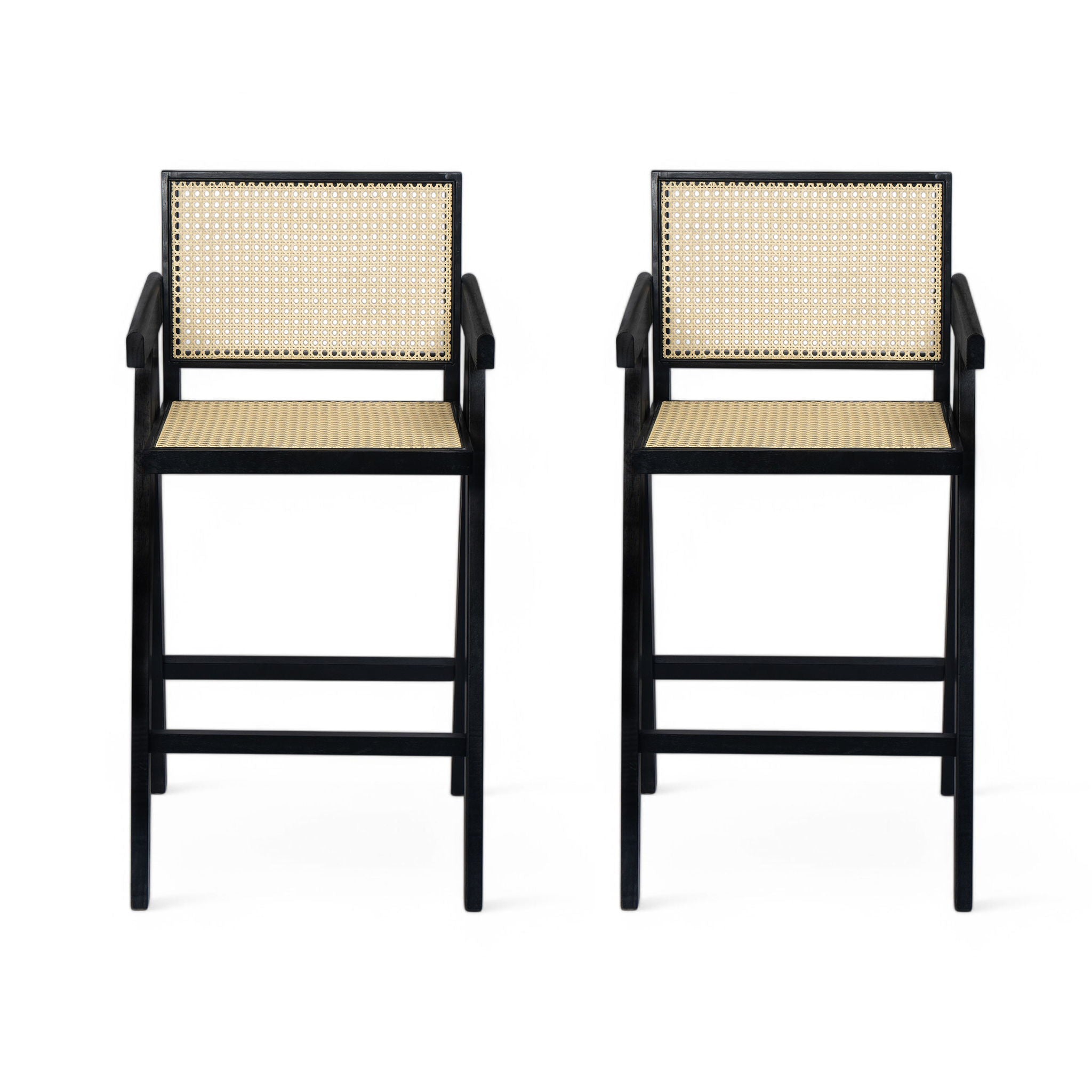 Modern Minimalist Bar Stool With Cane Seat - Black / Natural